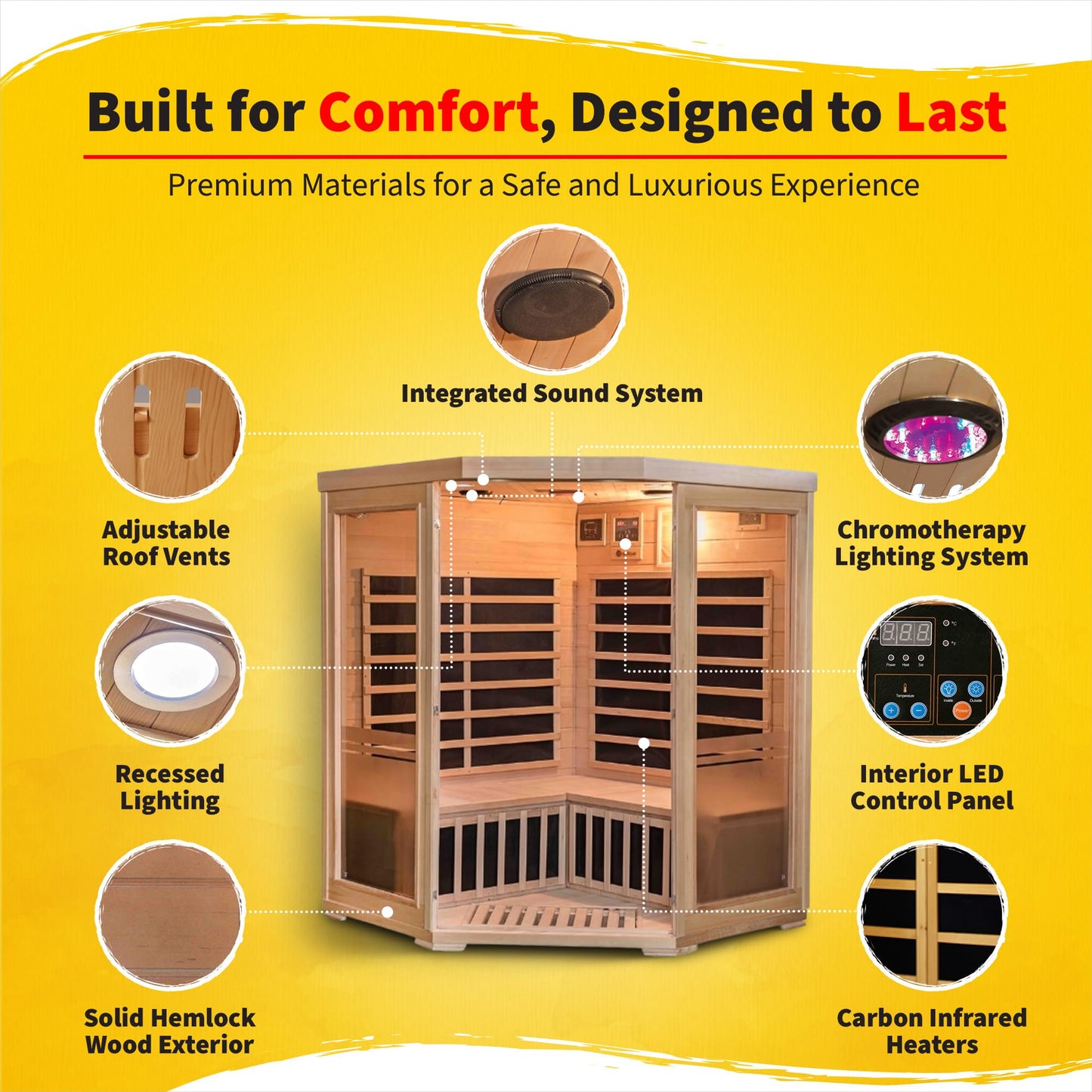 Heat Wave Sonoma 3 Person Corner Infrared Wood Sauna for Home - Thick Hemlock Interior with Chromotherapy Light & 7 Carbon Infrared Heaters for Energy-Efficient, Low EMF Infrared Sauna Relaxation