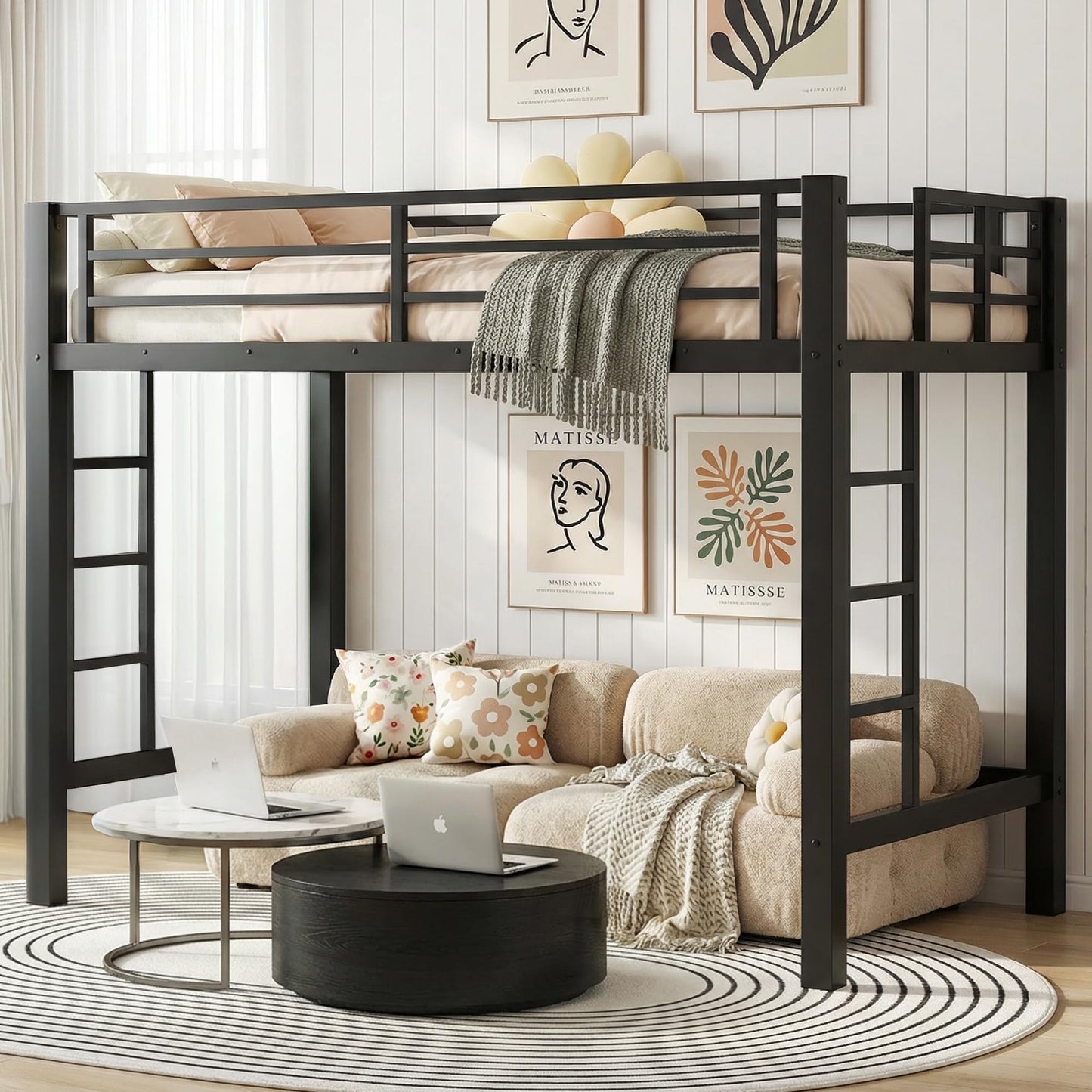 Twin XL Loft Bed with Charging Station & LED Lights, Heavy Duty Metal Bed Frame with Storage Pocket, Ladder and Guardrail Reinforced Twin XL Loft Bed Space-Saving for Adults, Guest Room, Dorm, Black
