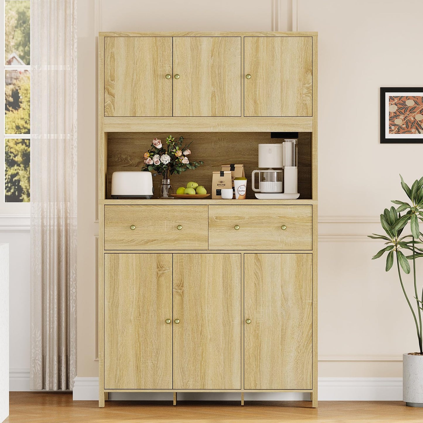 Garvee 71" H Pantry Cabinet with Charging Station, Tall Kitchen Pantry Storage Cabinet with Countertop, Modern Kitchen Hutch with Storage Drawers for Living Room, Dining Room, Natural