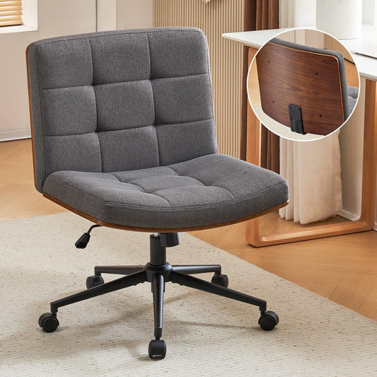 Furnimart Heavy-Duty FSC Wooden Wide Desk Chair, 360° Swivel Criss Cross Office Chair with Wheels, Comfy Cross Legged Sitting, Armless Rolling Chair for Bedroom, Office, Vanity(Linen Gray)