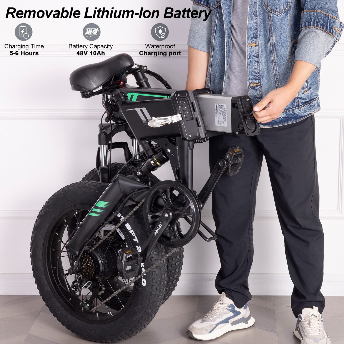 Wooken Electric Bike for Adults, 20''X4.0 Fat Tire Ebike for Adults, Peak 750W Foldable Electric Bicycle with 48V 10Ah Battery, 7 Speed, Full Fuspension, 20MPH Ebike for Mountain Beach Snow
