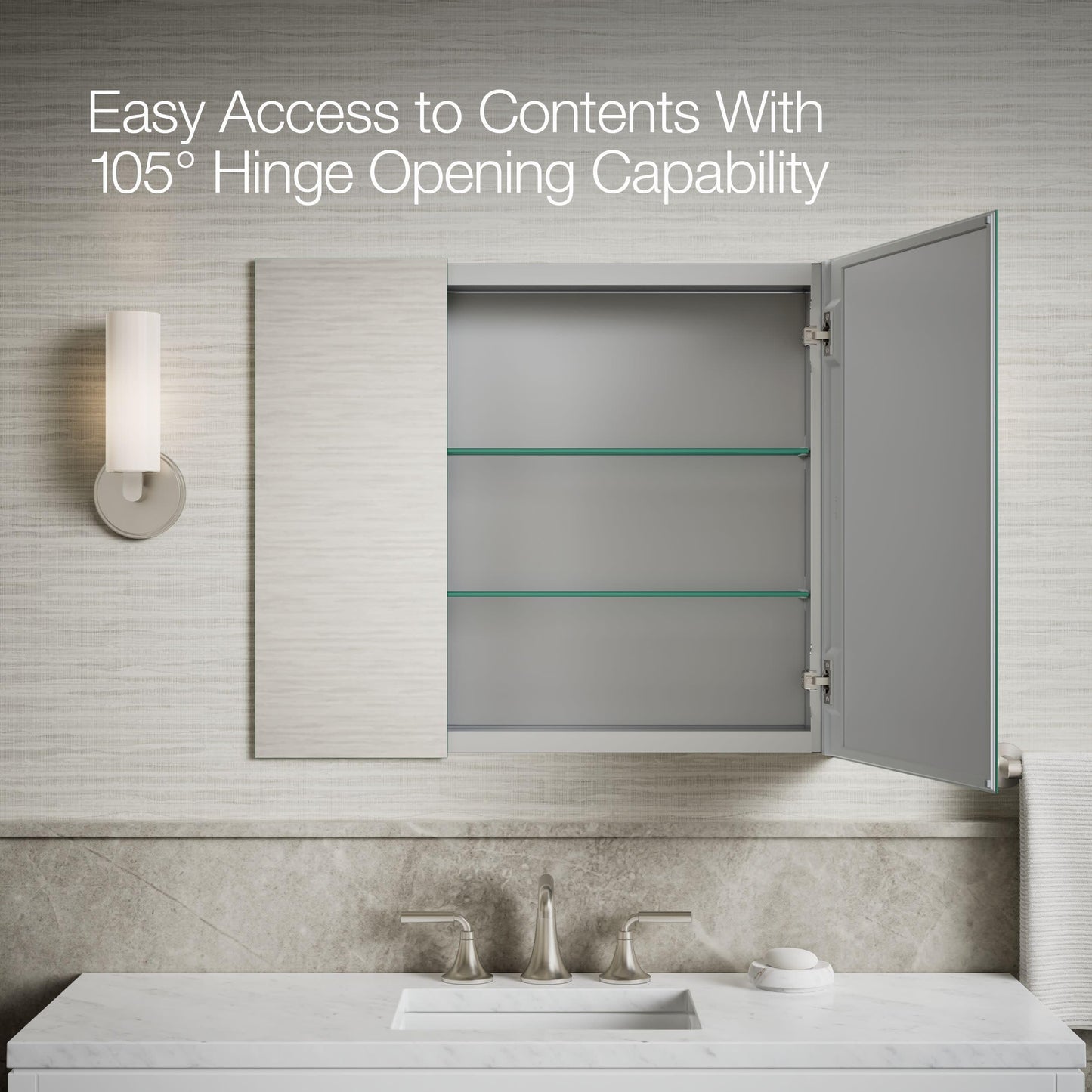 Kohler 55064-NA Embark Slim Medicine Cabinet Mirror, Adjustable Shelves with Mirrored Doors, 30 in. W x 26 in. H