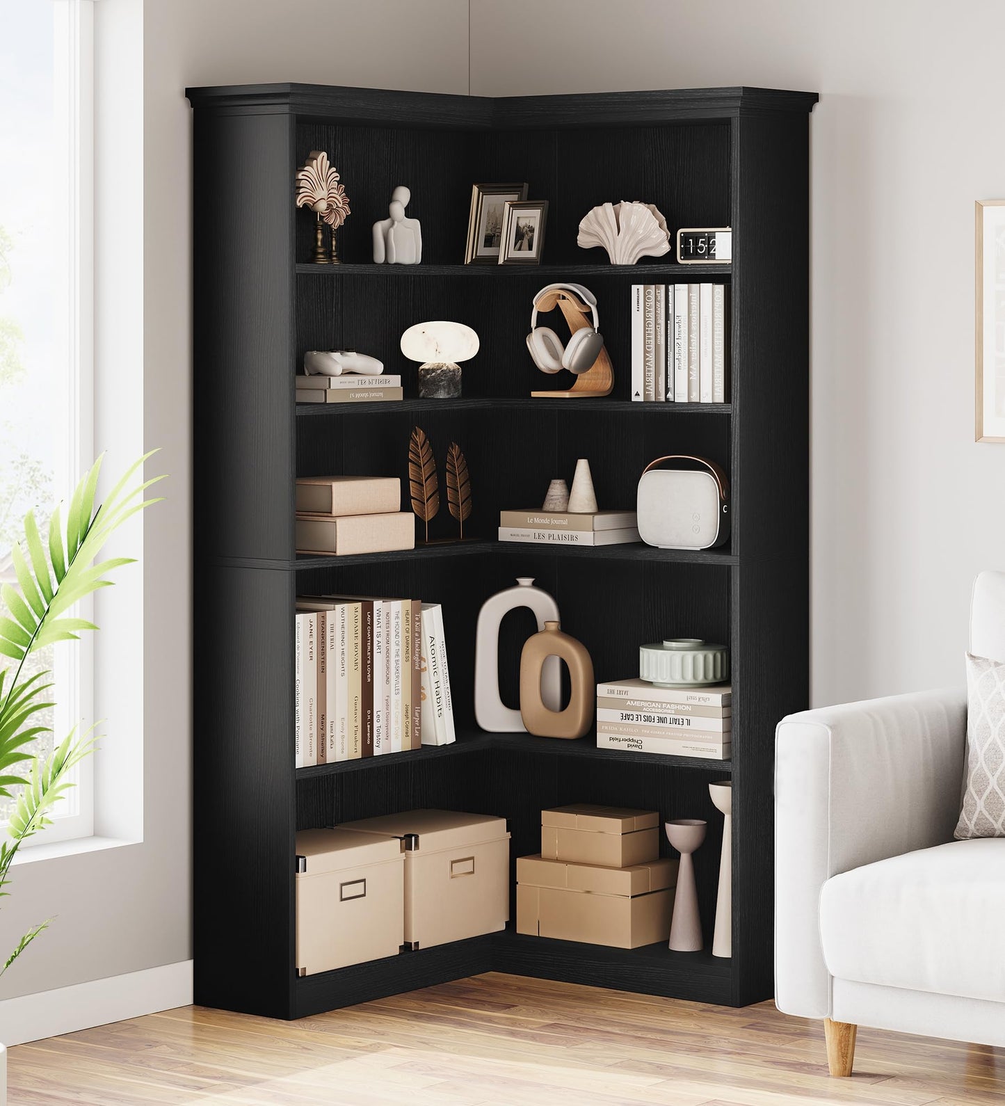 IDEALHOUSE Corner Bookshelf 72.8in Farmhouse Bookcase Large Bookshelf Wood Bookcase Tall 5 Tier Corner Shelf L Shaped Bookshelfs Storage Display Rack Living Room Bedroom (Black Full Panel)