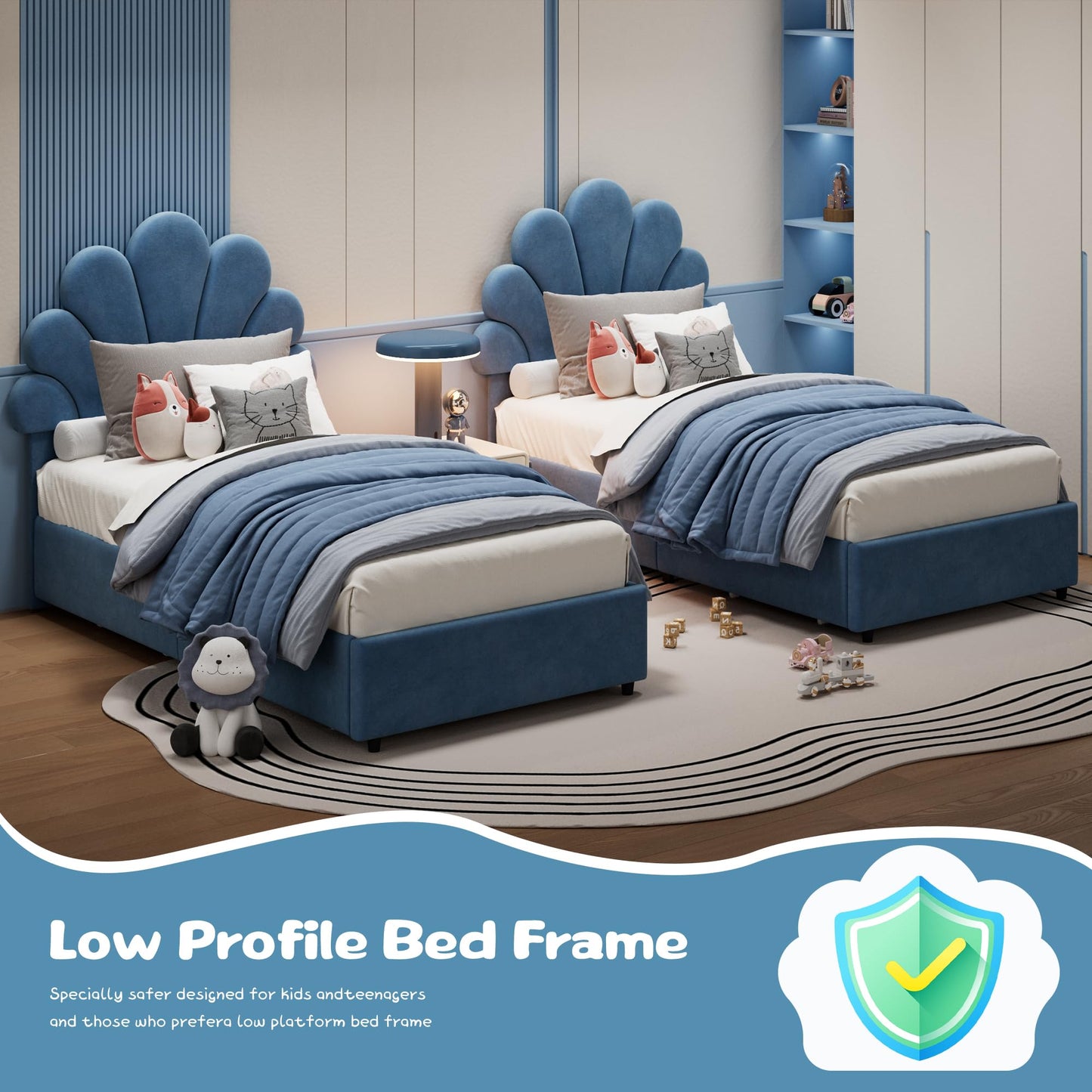 Twin Size Bed Frame for Kids - Cute Princess Style Velvet Headboard with 2 Storage Drawers, Upholstered Platform Bedframe with Solid Wood Slats Support, No Box Spring Needed, Easy Assembly, Blue