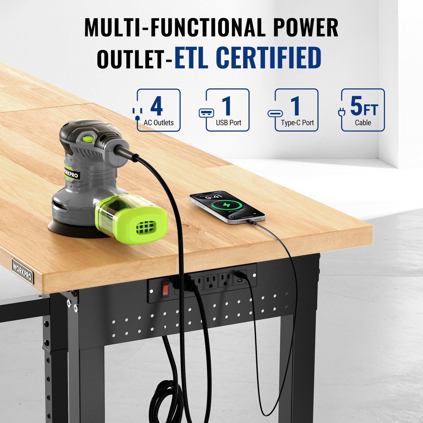 WORKPRO 96" Adjustable Workbench, Power Outlet & Pegboard, 4000LBS Capacity