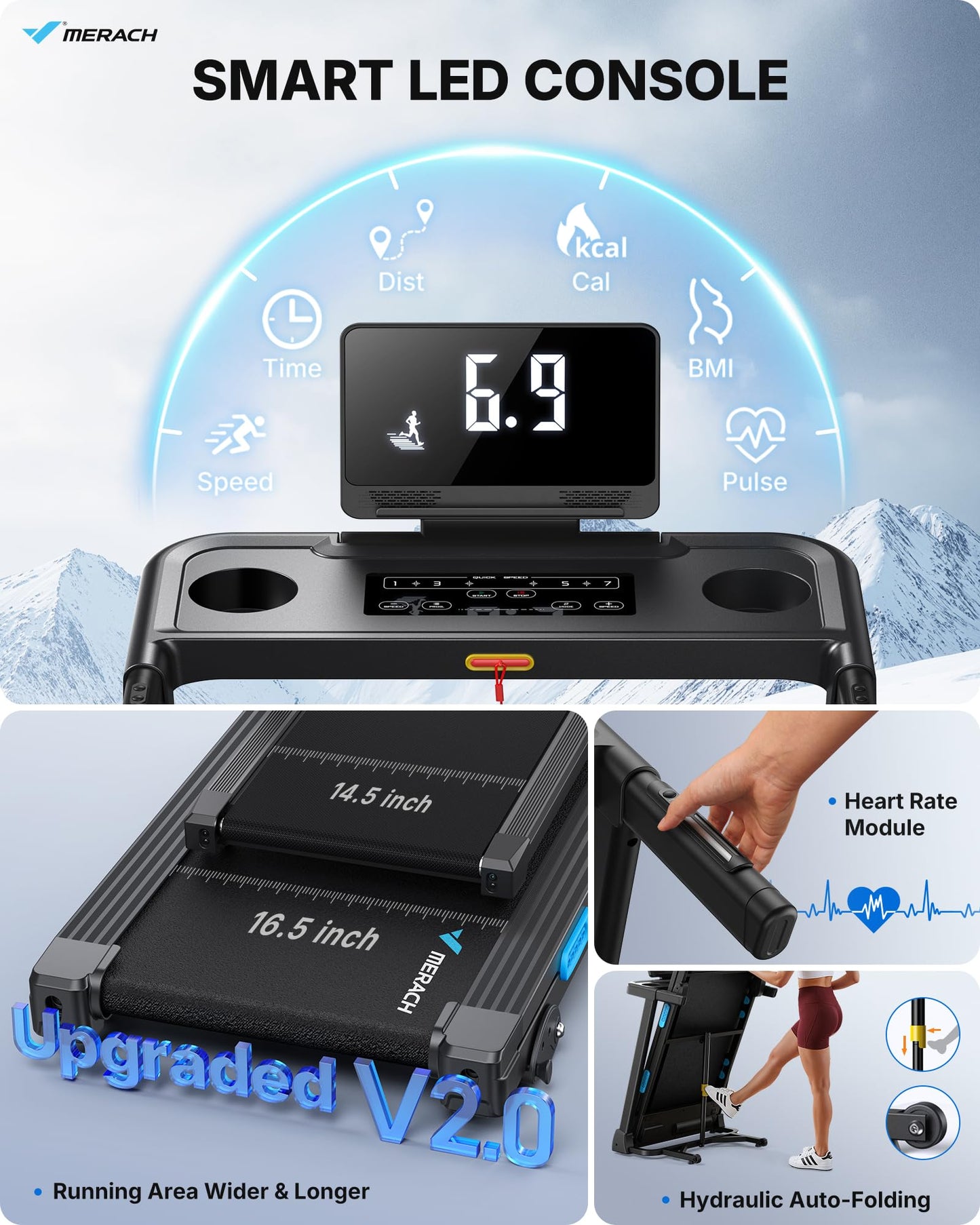 MERACH Treadmills for Home with Incline 0%-15%, 300 LBS Capacity Double Deck Foldable Treadmill with Incline, 0.5-7.5MPH Quiet 2.5HP Brushless Incline Treadmill LED Display with Smart APP