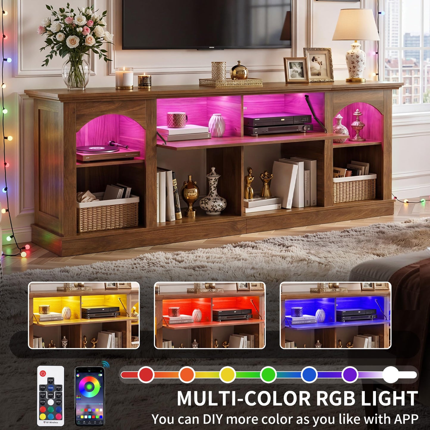 YITAHOME Farmhouse TV Stand with RGB LED Lights, 70 inch Entertainment Center with Flip-Down Carved Door, Media Console for 75/80 Inch TV, Adjustable Shelf & Open Storage for Living Room, Walnut