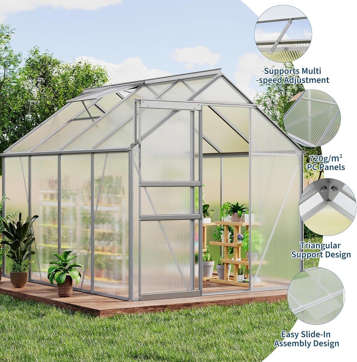 Walk-in Greenhouse 6x8 FT Aluminum Frame with Roof Vent Rain Gutter Sliding Door Perfect for Outdoor Patio Backyard Garden Apartment Balcony
