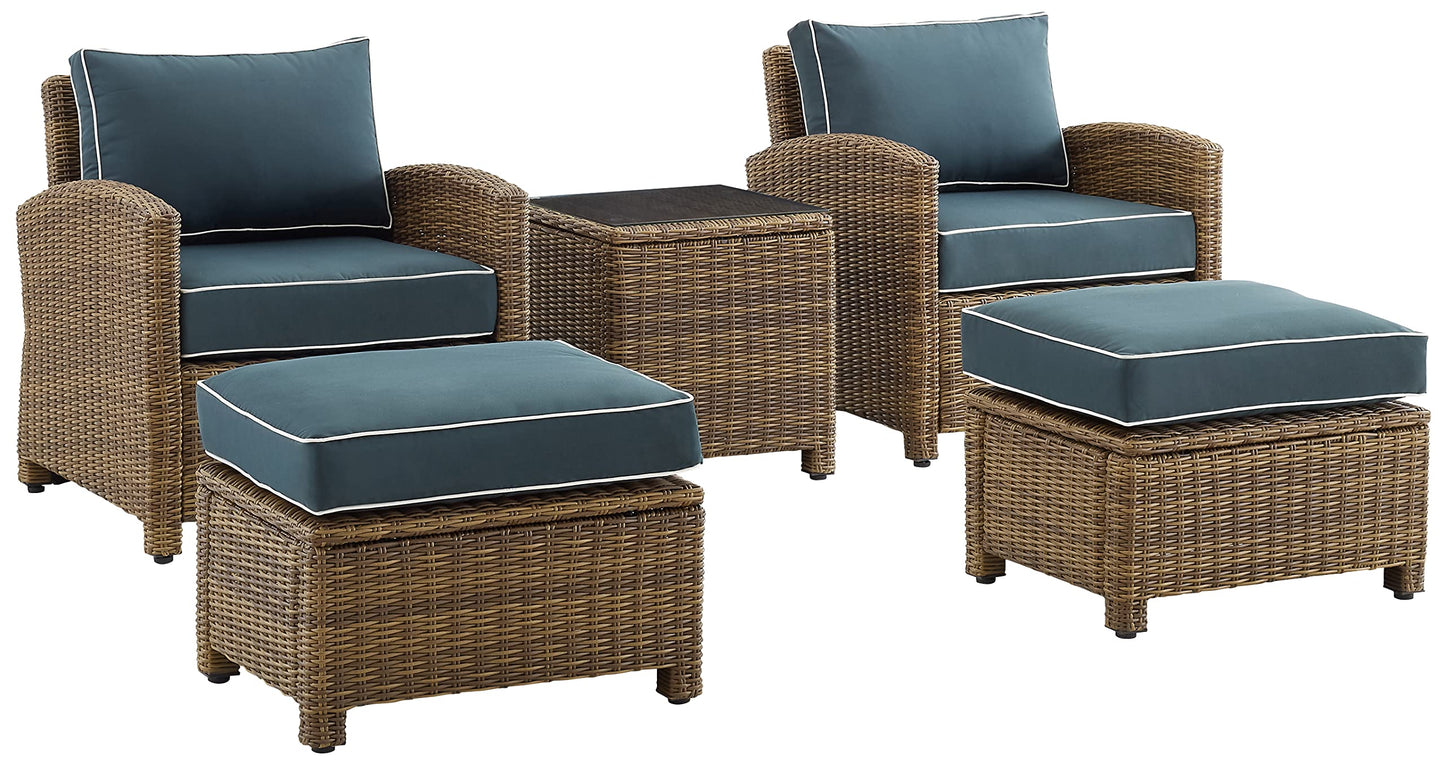 Crosley Furniture Bradenton 5-Piece Outdoor Chair Patio Furniture Set, Wicker Conversation Sets for Porch, Weathered Brown with Navy Cushions