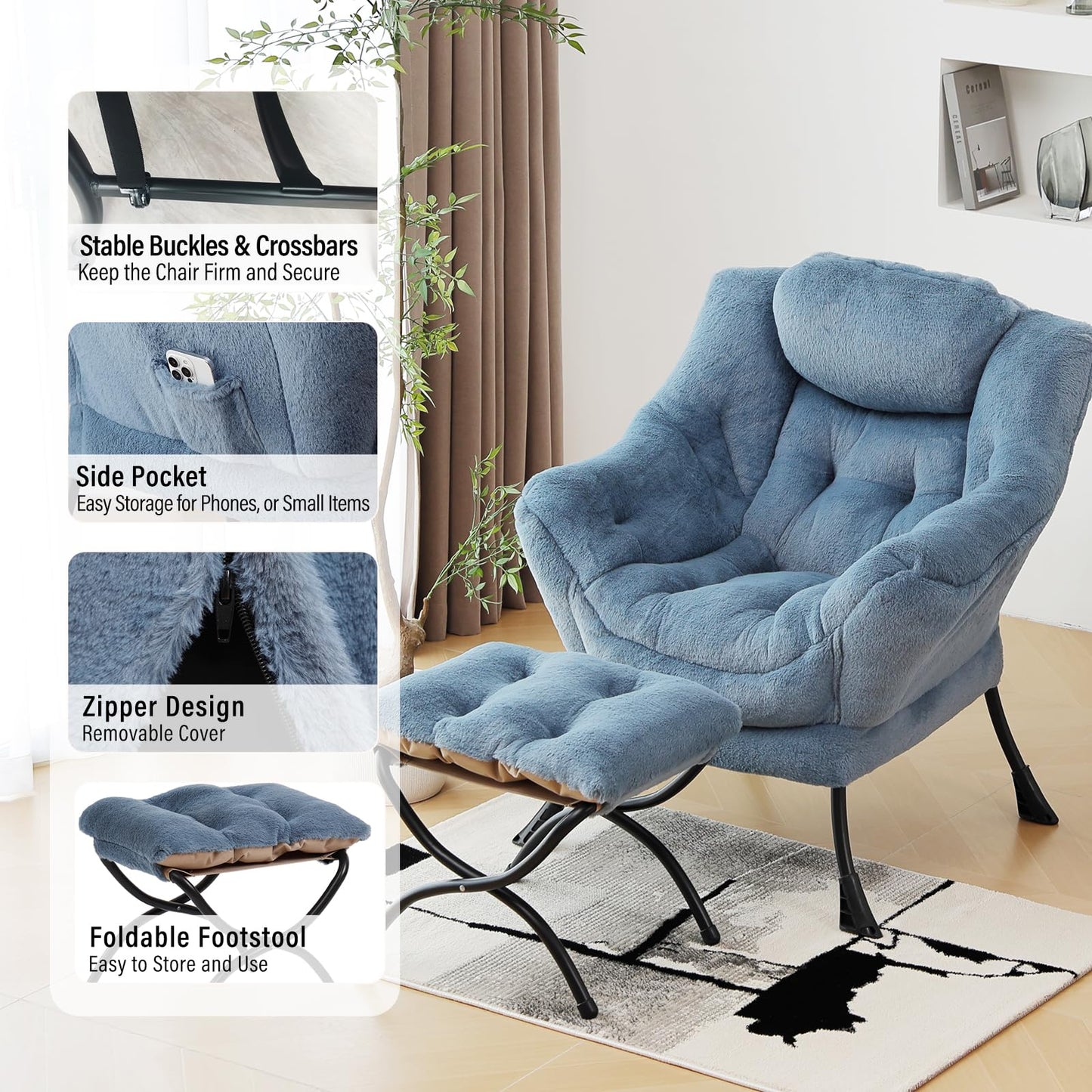 Furlide Lazy Chair with Ottoman, Modern Accent Chair with Armrests and a Side Pocket, Plush Light Blue Accent Chairs, Reading Chairs, Oversized Armchairs for Bedroom, Study, Living Room, Courtyard