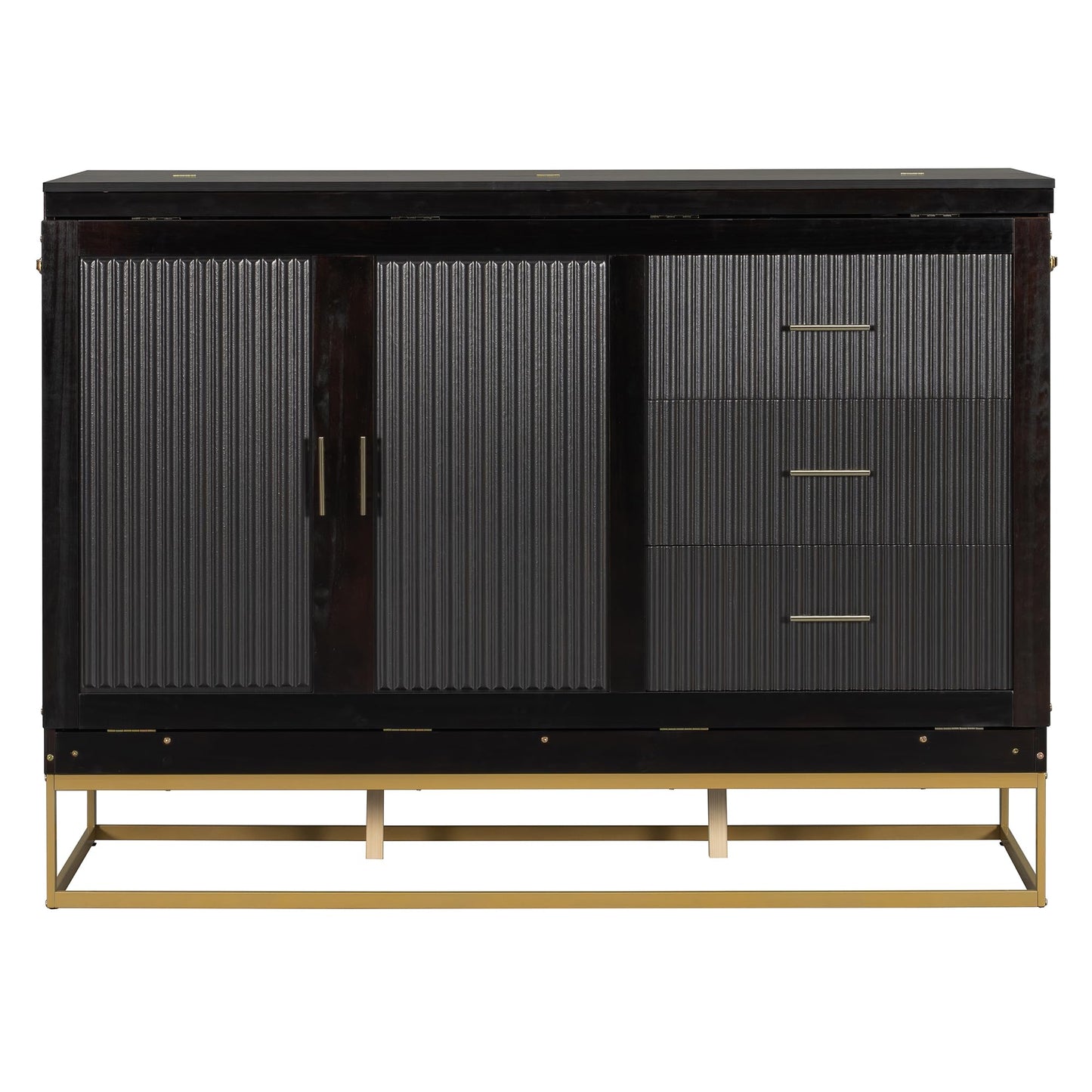 Merax Queen Size Murphy Cabinet Bed, Wood Folding Bed Frame with Wood Doors and Fake Drawers Design, Space-Saving Wall Bed for Guest Room and Home Office