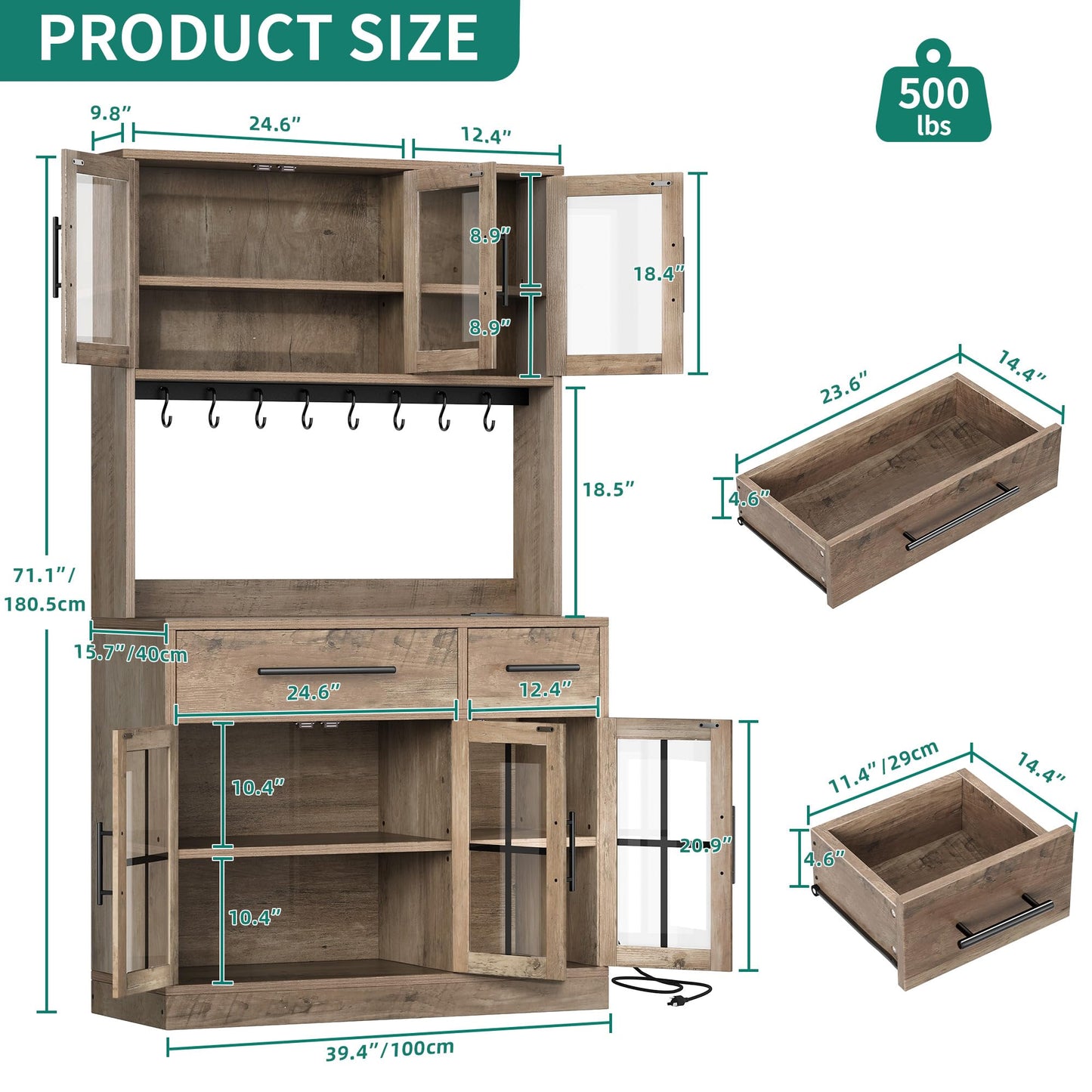 YITAHOME 71" Tall Kitchen Pantry Cabinet with Microwave Stand & Built-in Power Outlet, Buffet Cupboard with Acrylic Doors, Drawers and 8 Hanging Hooks for Kitchen, Dining Room, Living Room, Grey Oak