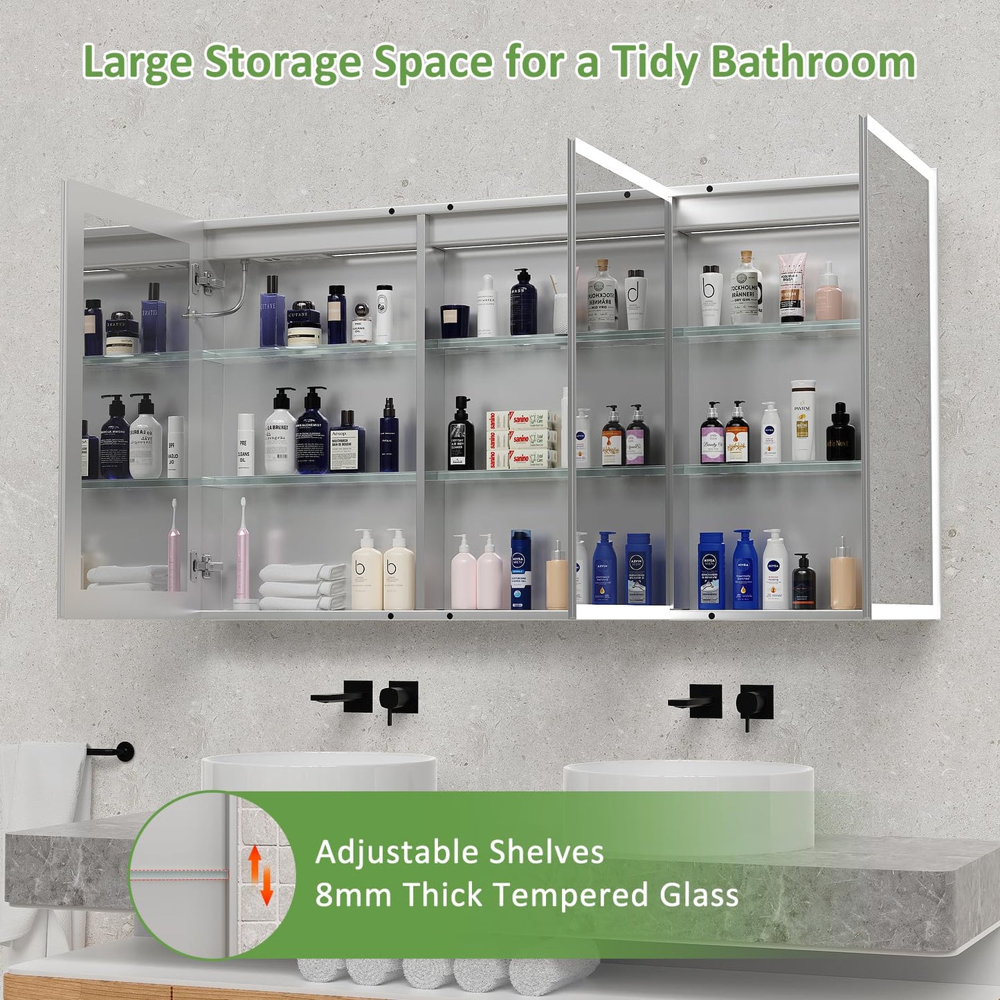 GUIQIYANG Medicine Cabinet with Lights, Bathroom LED Mirror Cabinet with Storage, Anti-Fog & 3 Color Lights, Recessed or Wall Mounted (60X32 in)