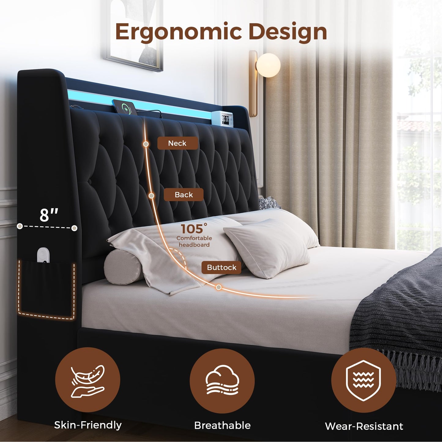 Queen LED Velvet Bed Frame with 2 Storage Drawers&Hidden Headboard, Upholstered Platform Bed with Charging Station&Button Tufted Design, Wooden Slats Support, Box Spring Optional, Easy Assembly, Black