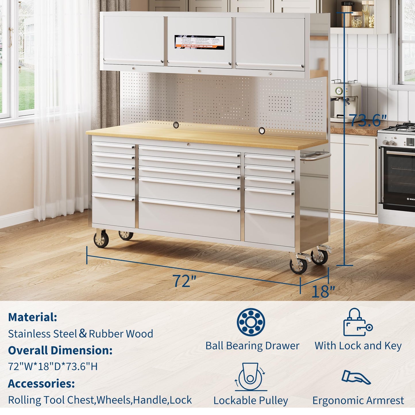 IDEALHOUSE 72 inch Rolling Tool Chest, Garage Workbench with 15 Drawers, Solid Rubber Wood Top & with Wheels Lock Key Locking, Mobile Workstation Tool Cabinet for Workshop Storage