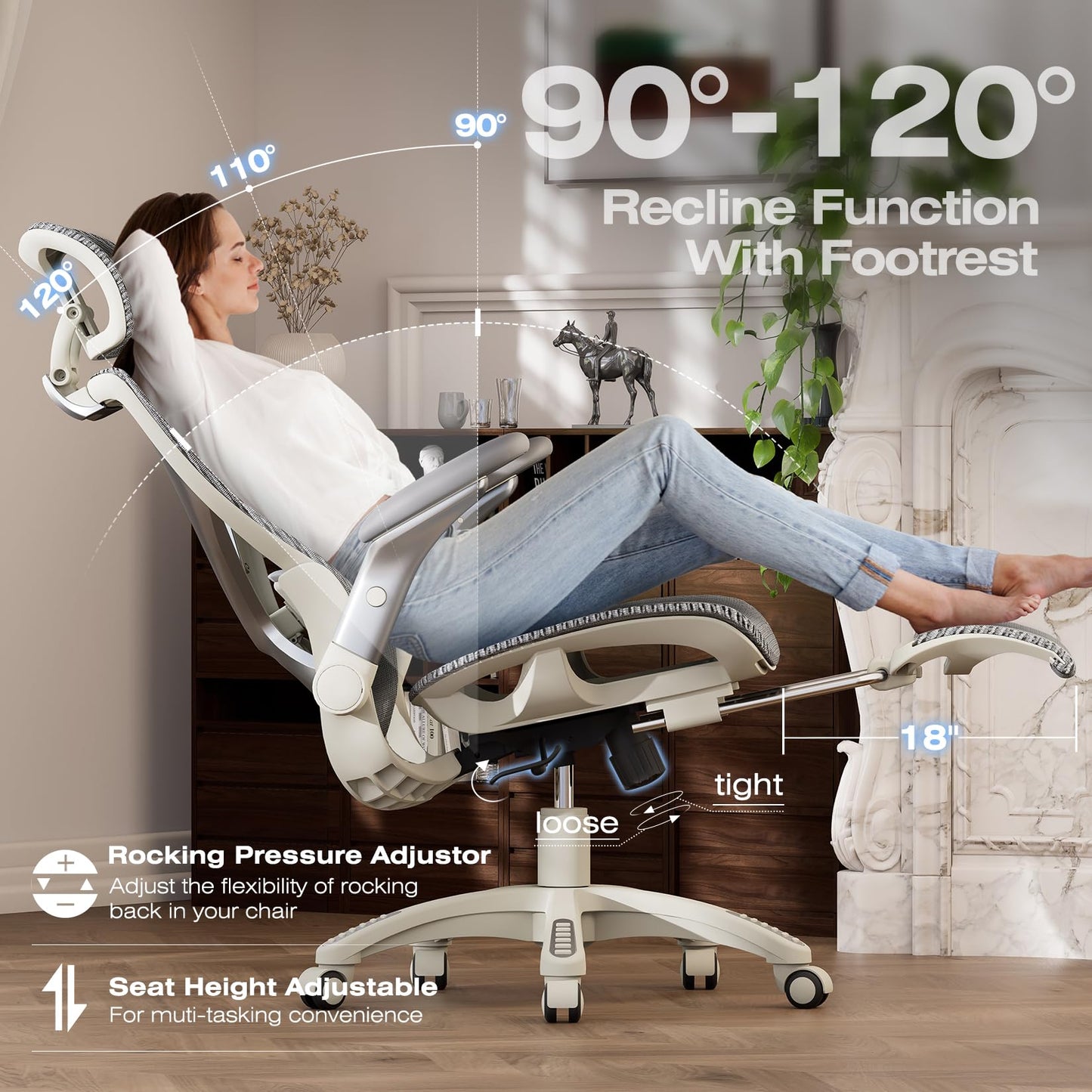 ELABEST X100 Ergonomic Mesh Office Chair with Footrest, Big and Tall Home Desk Chair with 5D Flip-Up Arms, Adjustable 3D Lumbar Support, Gaming & Executive Computer Chair, First Light