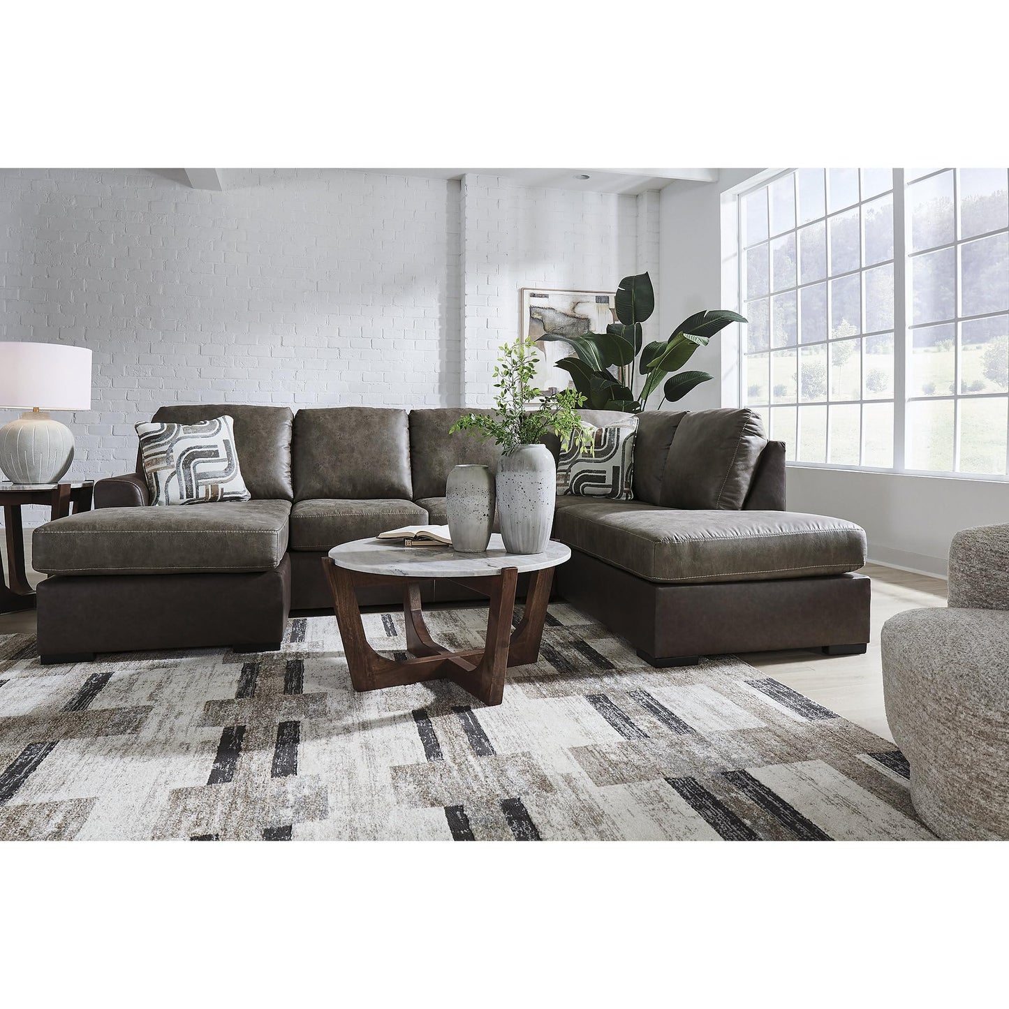 Signature Design by Ashley Baltic‑Park Sleeper Sectional Sofa with Chaise, Faux Leather Couch Bed with Queen Memory Foam Mattress for Modern Living Room Lounging, Brown