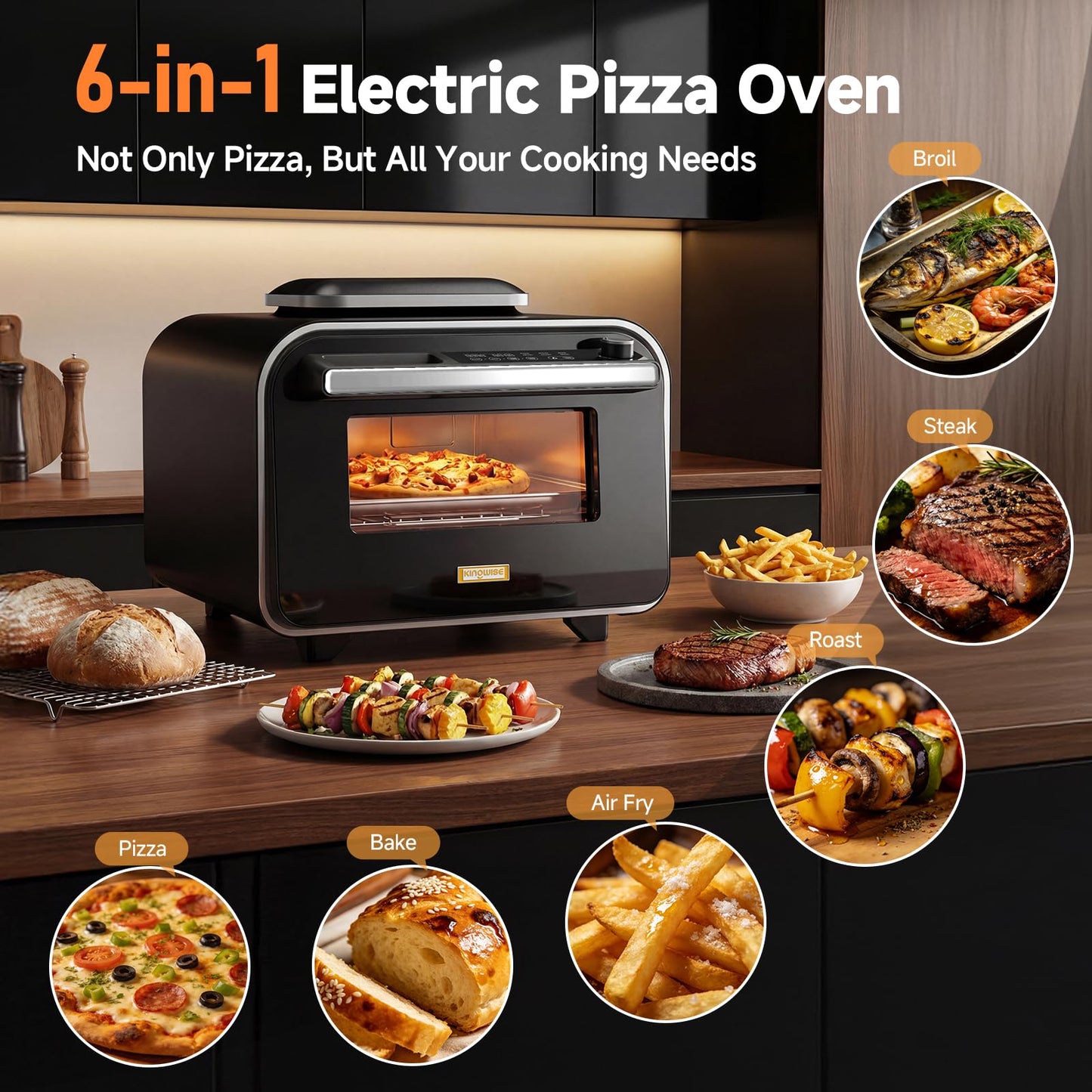 KINGWISE Convection Pizza Oven Electric, IPX4 Waterproof Countertop Air Fryer Oven, Fits 13-Inch Pizza, Heats up to 750℉, 6 Cooking Functions and 5 Pizza Presets, Pizza Stone & Pizza Peel Included