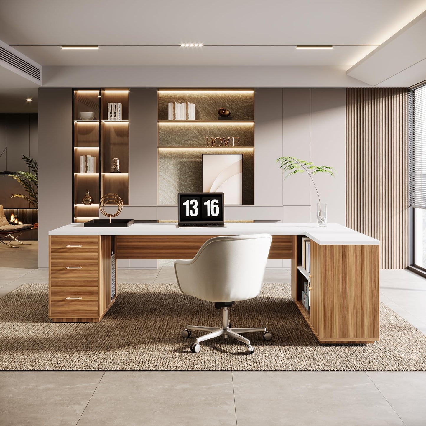 Tribesigns 85.8-Inch L-Shaped Executive Office Desk with File Drawers & Storage Cabinet, Professional Corner Computer Desk Extra Large Business Workstation with Adjustable Shelves (White&Walnut)