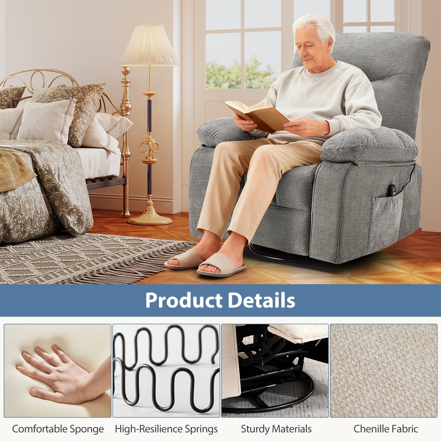 DUMOS Rocker Recliner Chair, Swivel Recliner with Vibration Massage & Lumbar Heating, 270° Rotating Chenille Fabric Recliner with footrest for Living Room & Bedroom, Grey