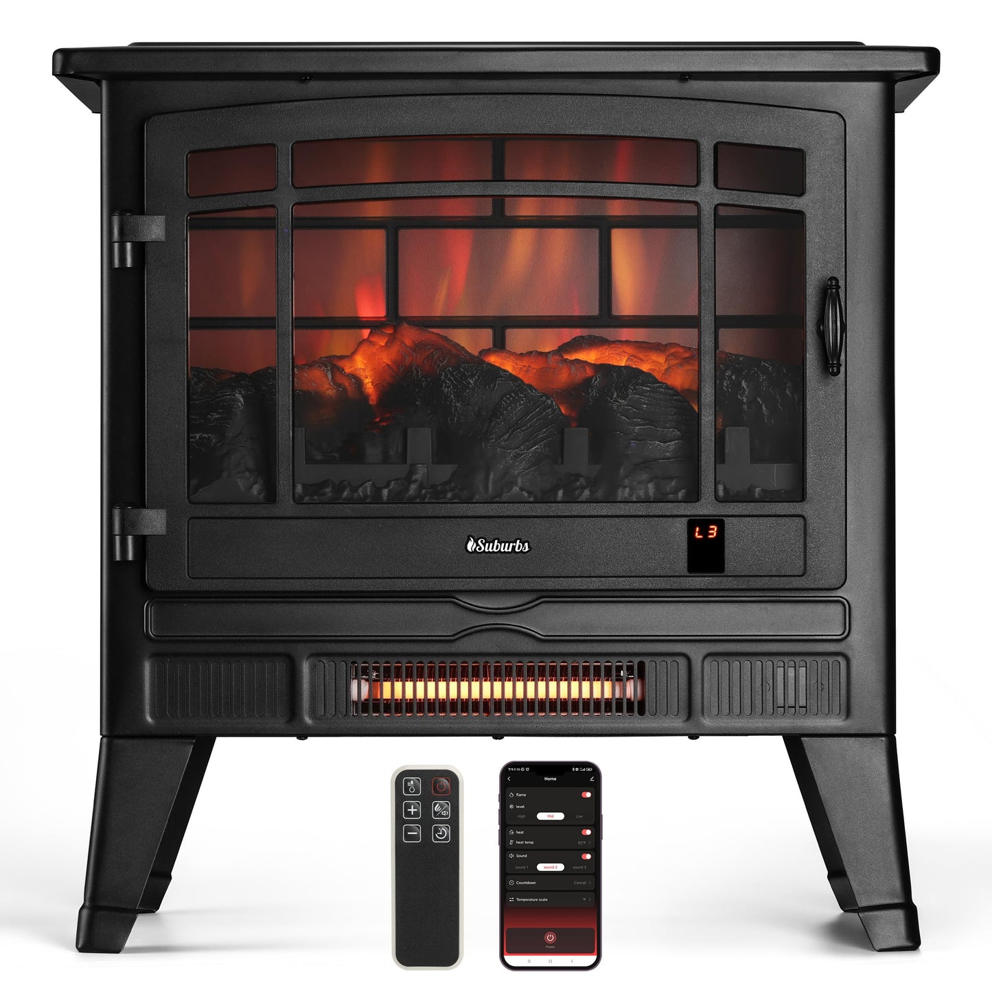 TURBRO Suburbs 25" WiFi Electric Fireplace Infrared Heater with Crackling Sound, Freestanding Fireplace Stove with Adjustable Flame Effects, Overheating Protection, Timer, Remote Control 1400W
