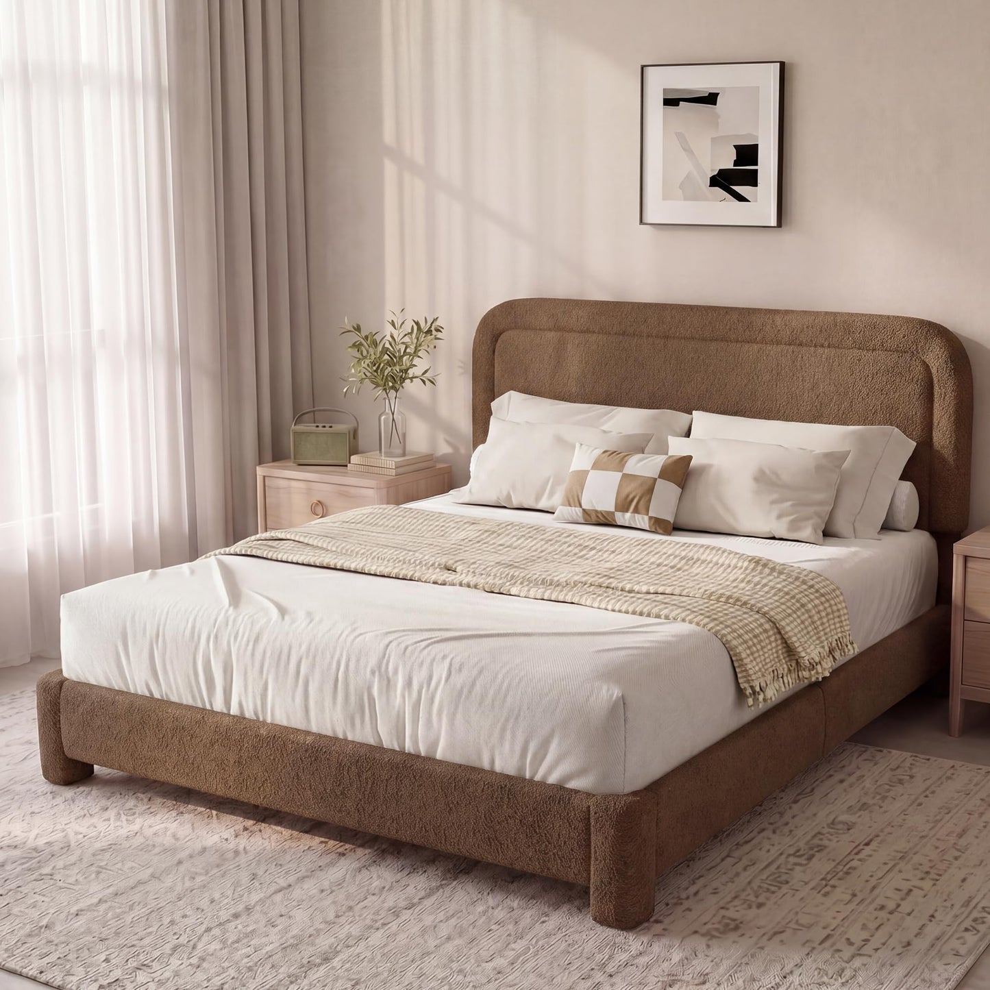 Vipbear Boucle King Size Bed Frame with Adjustable Headboard, Upholstered Cloud Platform Bed Frame with Wood Slats, Noise-Free King Bed, No Box Spring Required, Easy Assembly, Sand Brown