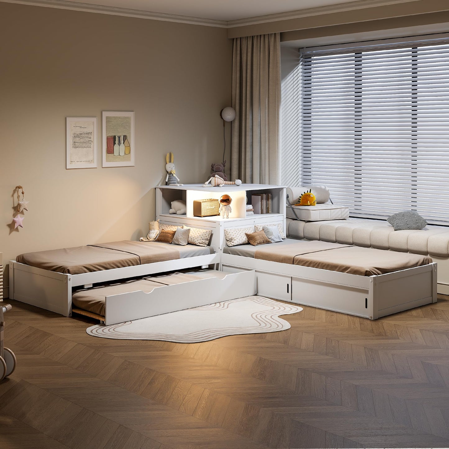 Merax Twin Size Platform Bed with Trundle and Storage Cabinets, L Shaped Corner Bed with Desk and Light, Wood Slats Support, 3 Beds in One Design, No Box Spring Needed