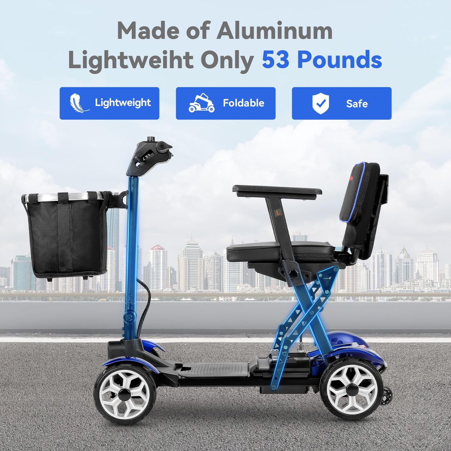 (2026 Upgrade) Lightweight Mobility Scooter for Seniors & Adults, Folding Mobility Scooters, 24.8 Miles Travel Foldable 4 Wheeler, Removable Lithium Battery, 300lb Capacity-Gloss Blue