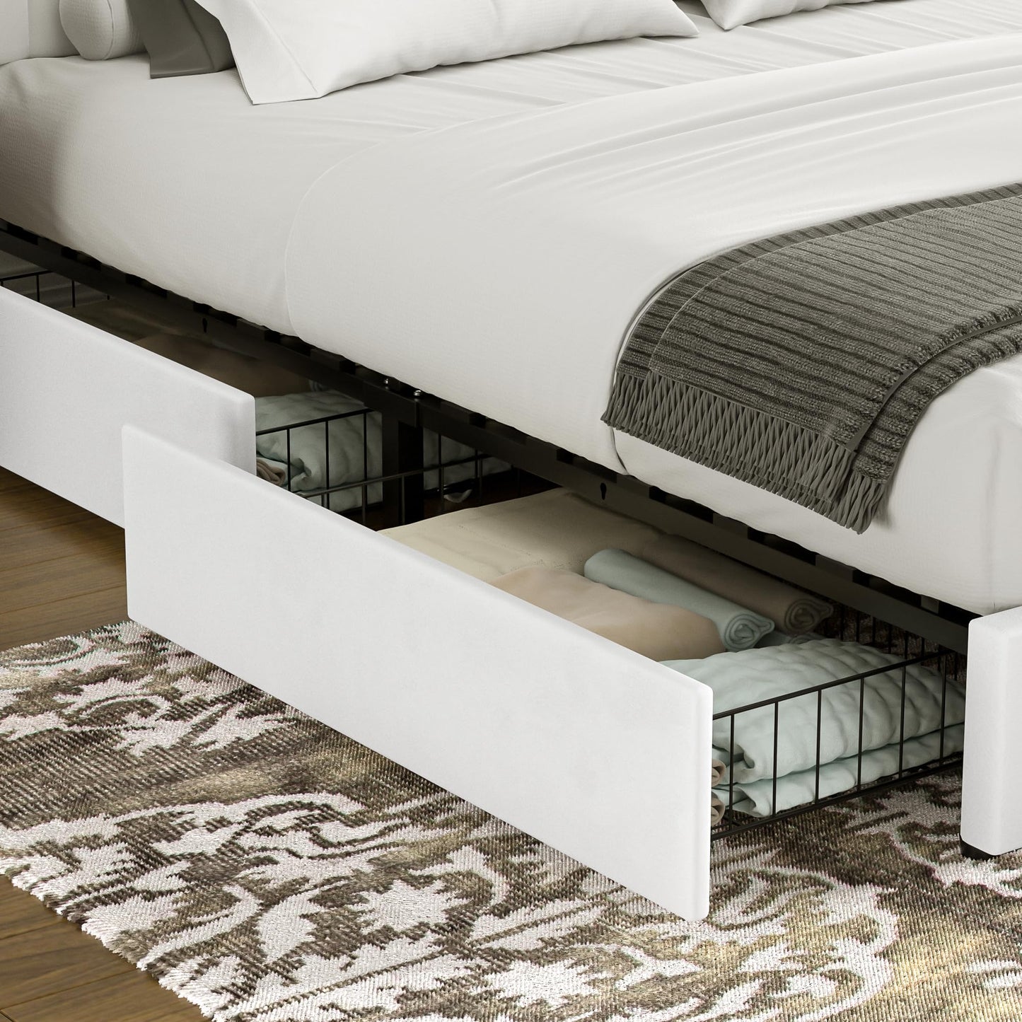 VECELO Queen Size Upholstered Bed Frame with 4 Drawers and Headboard, Velvet Platform Storage Bedframe, Wooden Slats Support, No Box Spring Needed,Snow-White