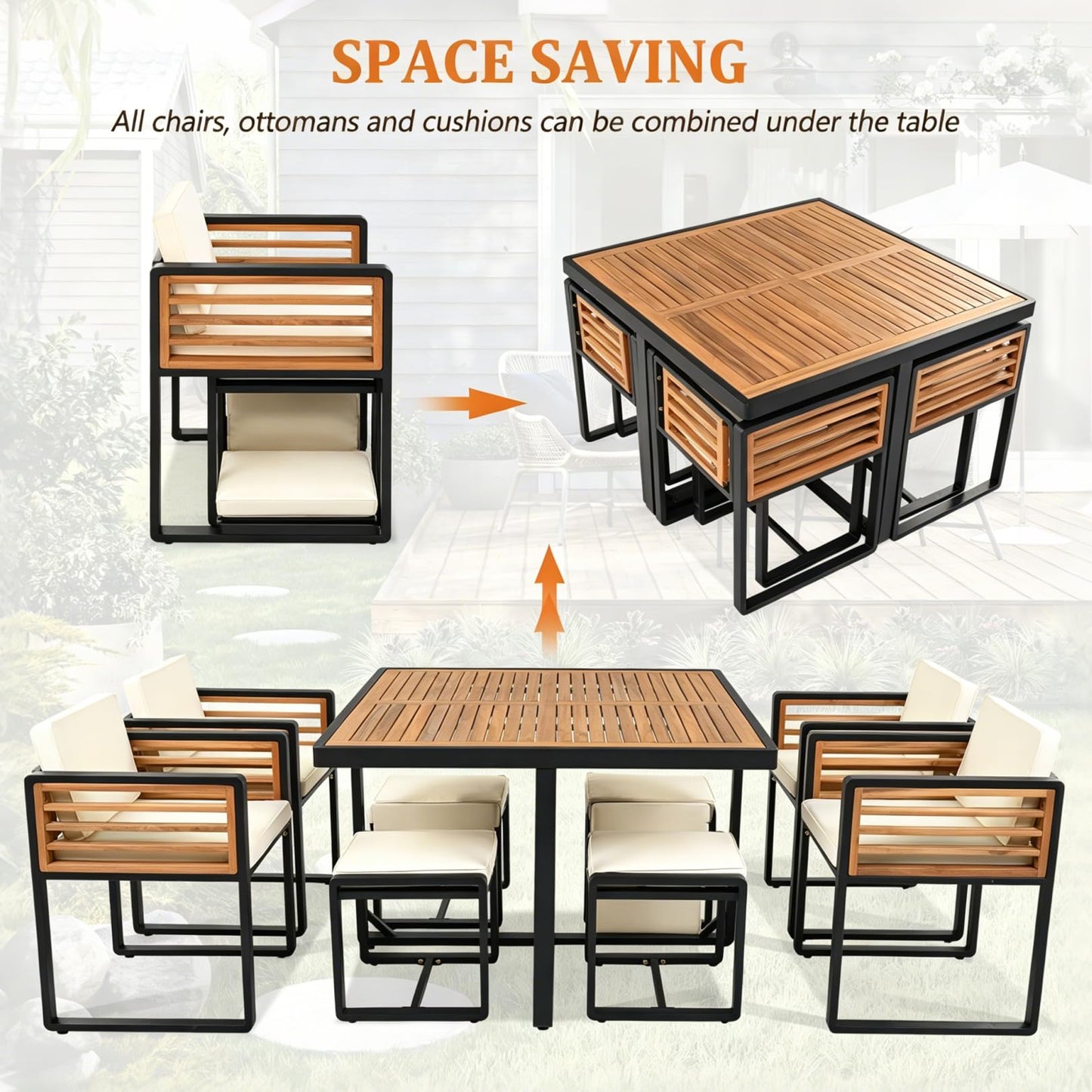 Merax 9-Piece Patio Dining Set for 8 People, Acacia Wood Outdoor Furniture Sets with 1 Square Table, 4 Cushioned Chairs and 4 Ottomans for Backyard, Garden, Lawn, Poolside, Space Saving Design, Beige
