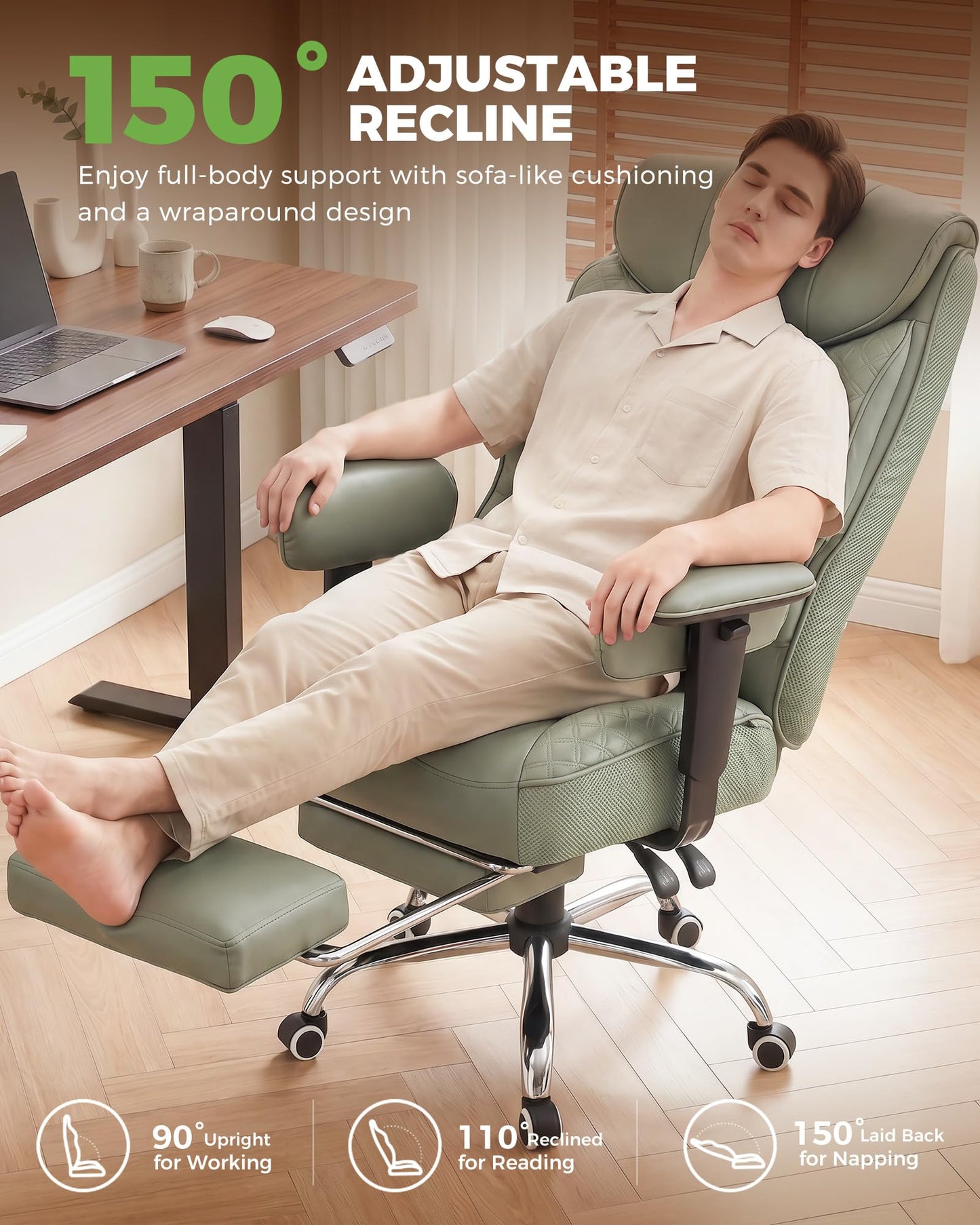 GTPLAYER Big and Tall Office Chair, High Back Computer Gaming Chair with Ergonomic Lumbar Support &Pocket Spring Cushion for Lower Back Pain Relief, Leather Executive Chair with Foot Rest, Green