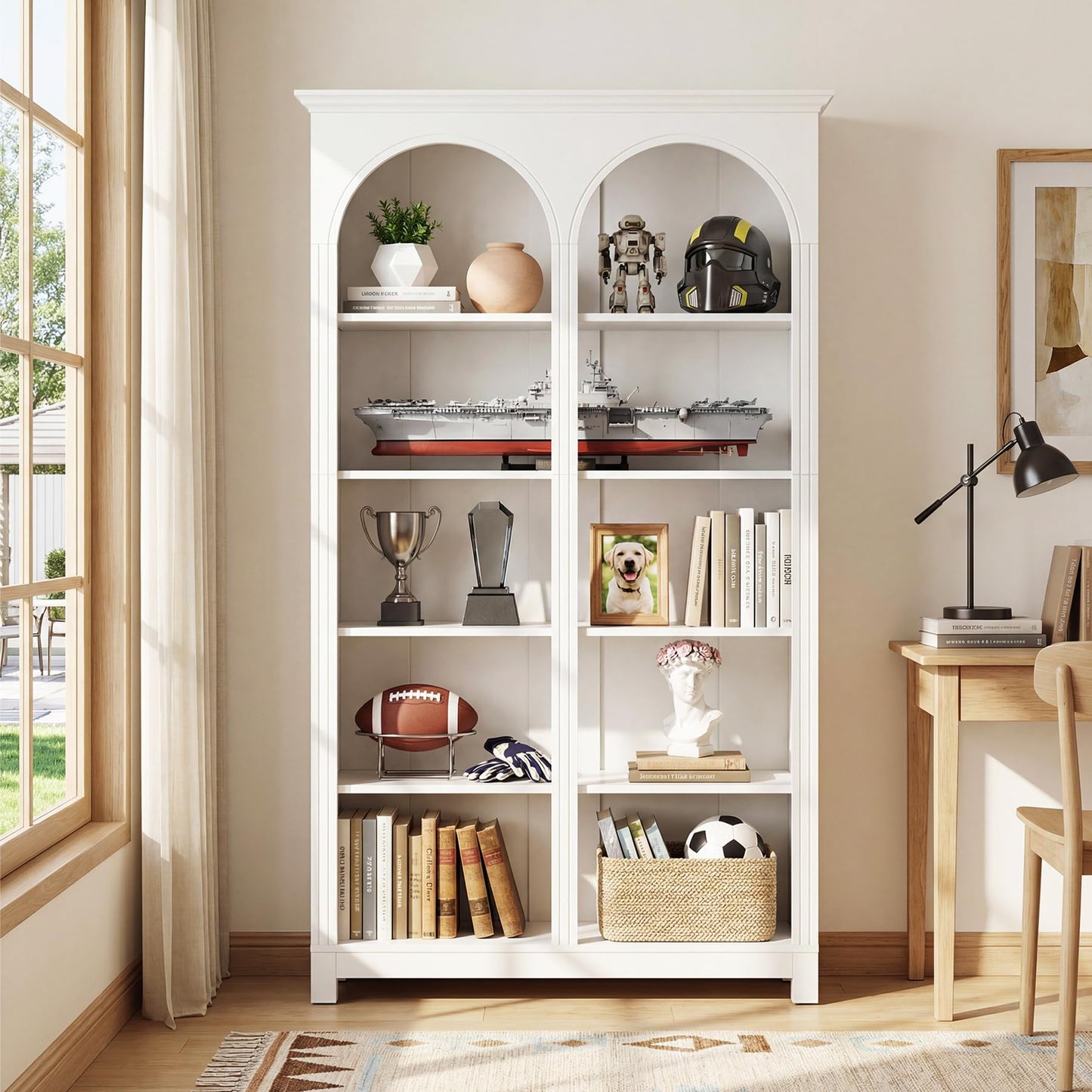 LITTLE TREE White Bookshelf, 5-Tier Tall Bookshelf, Open Storage Wide Display Book Shelf for Bedroom Living Room Office, Farmhouse Modern Elegant Arched Bookshelf
