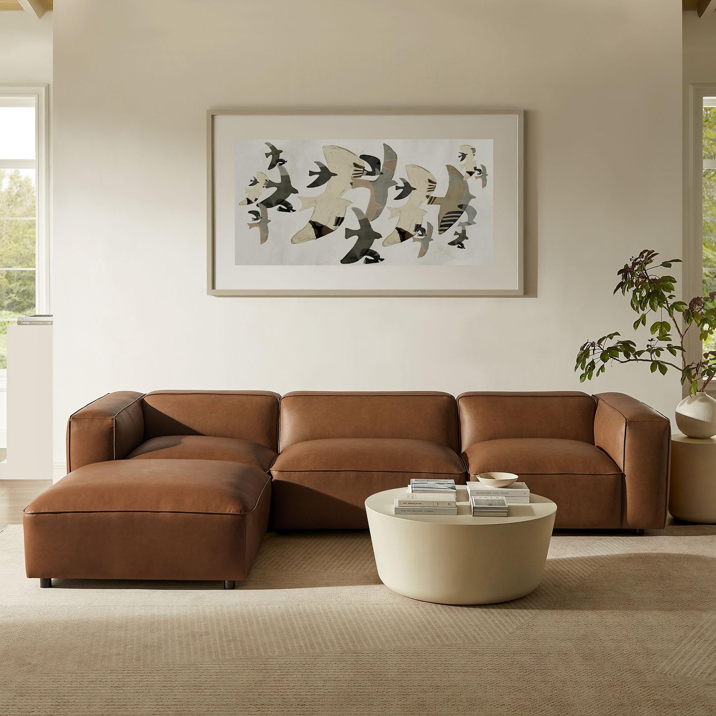 Modway Auren Vegan Leather 4 Piece Modular Sofa in Coffee - Faux Leather 3 Seater Sectional - Comfy Modern PU Leather Sofa with Ottoman - Oversized Mid Century Modern Couch for Living Room