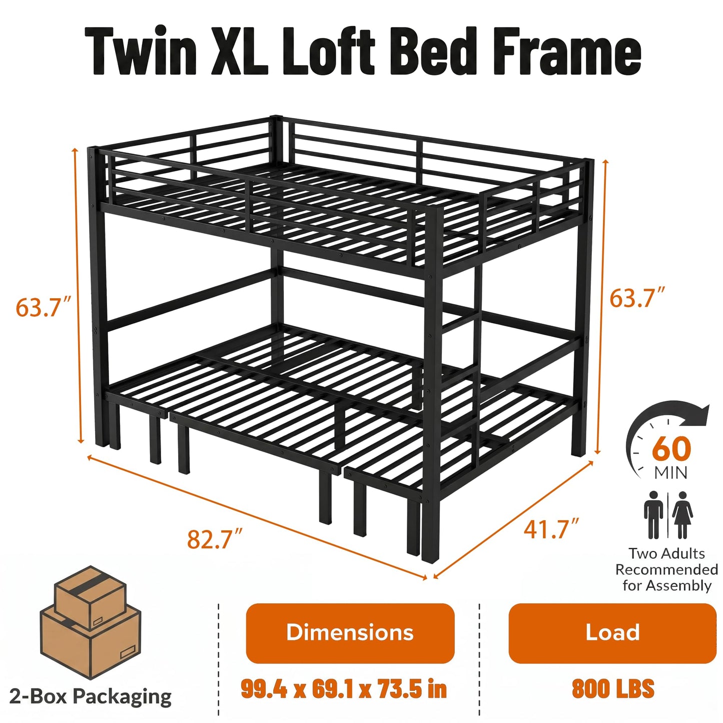 KavlSean Twin XL Over Twin XL Size Bunk Bed, Heavy Duty Loft Bed, Lower Bunk can be Pulled Out in Three Sections, Metal Bunk Bed with Safety Guardrails for Teens, Adults (Twin XL)