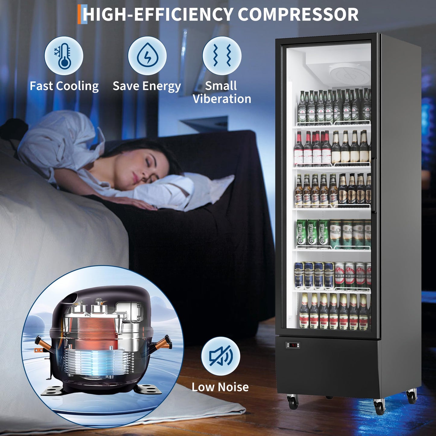 Commercial Display Refrigerator, 13.4 Cu.Ft, Display Merchandiser Fridge with Glass Door, 5 Adjustable Shelves, 5 Adjustable Shelves fo Restaurant, Store, Bar, Cafe, Baker, Single Door, Black