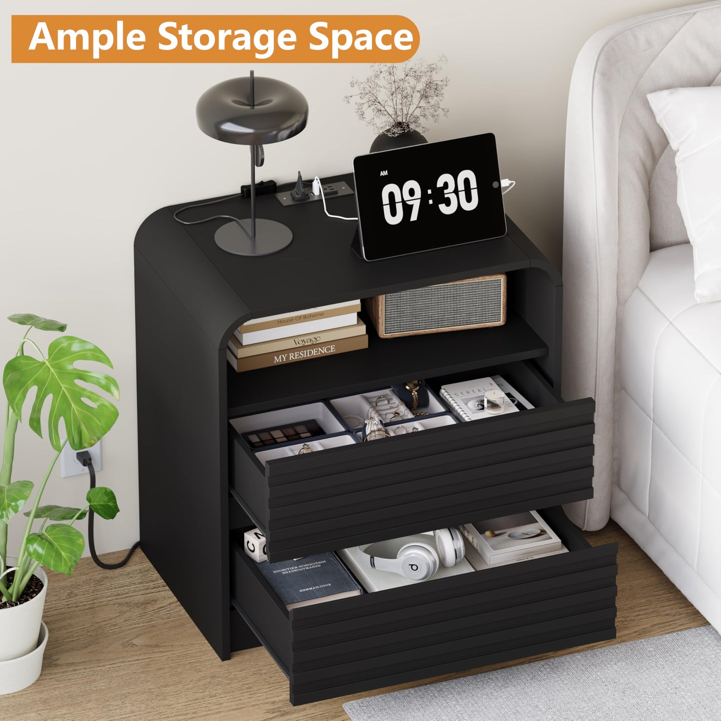 Dresser and Nightstand Sets for Bedroom, 3 Pcs Bedroom Set, Fluted 9 Drawer Dresser with Curved Profile and Night Stand Set of 2 with Charging Station, Wood Chest of Drawers Storage Cabinet Set, Black