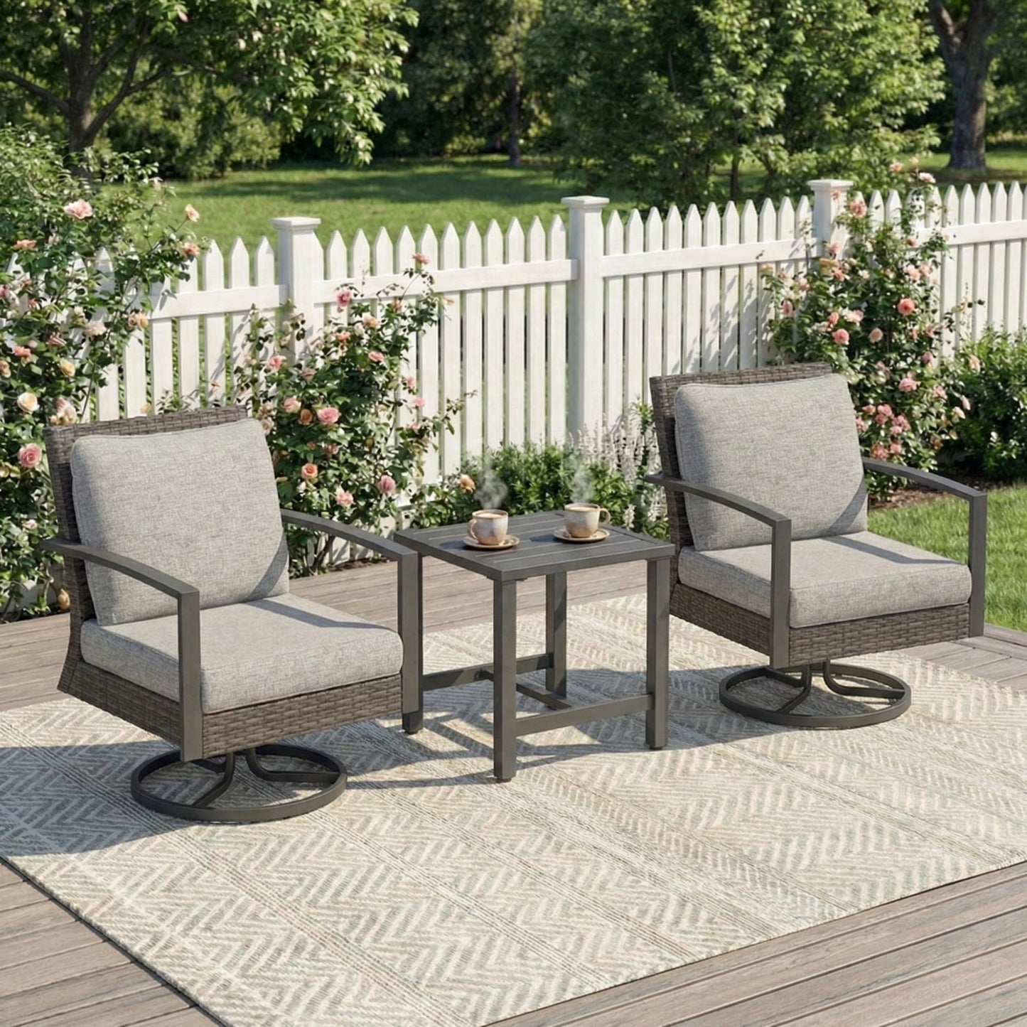 Green4ever 3-Pieces Patio Swivel Rocking Chairs Rocking with Sidetable, Metal Outdoor Rocking Chair, All Weather Rattan Patio Chairs for Porch, Bistro, Balcony, Grey