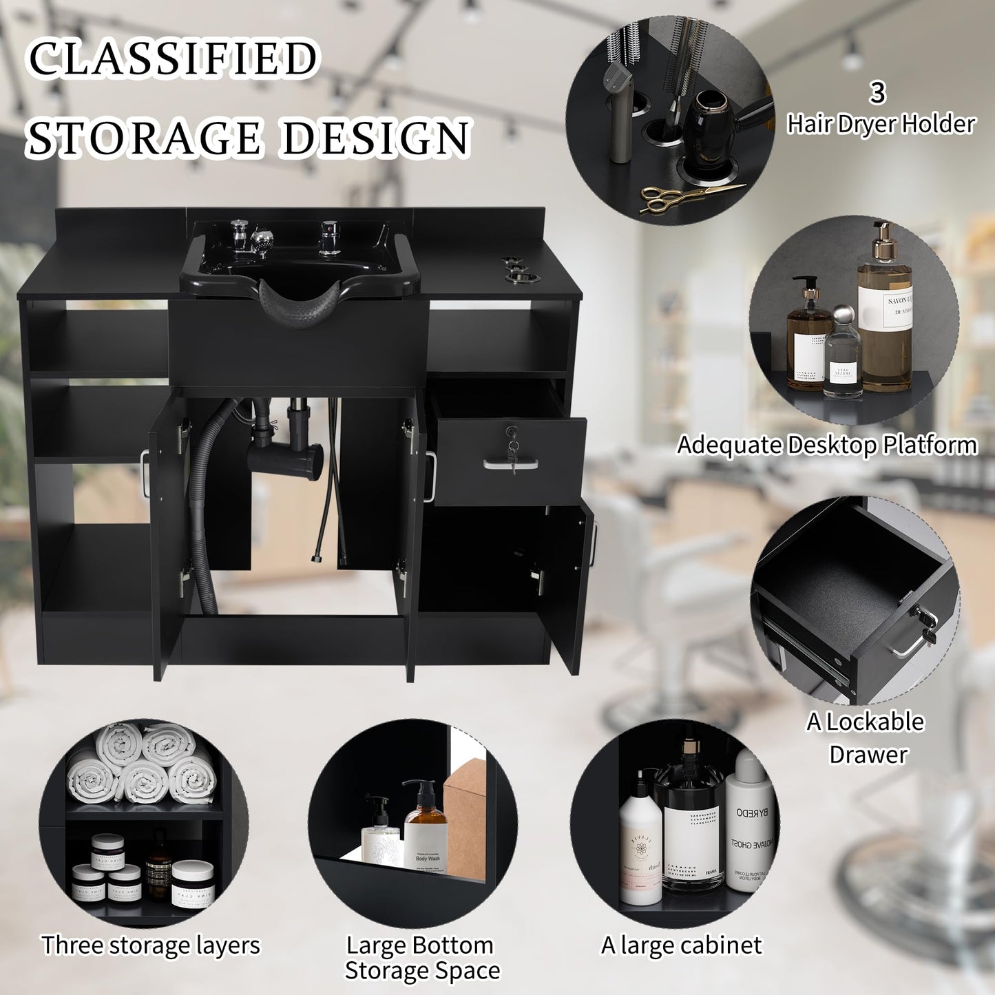 TATARTIST Shampoo Backwash Station Multi-Functional Barber Salon Station with Shampoo Bowl and Drawer for Hair Stylist Salon Spa Beauty Storage Cabinet with Faucet Sprayer Black