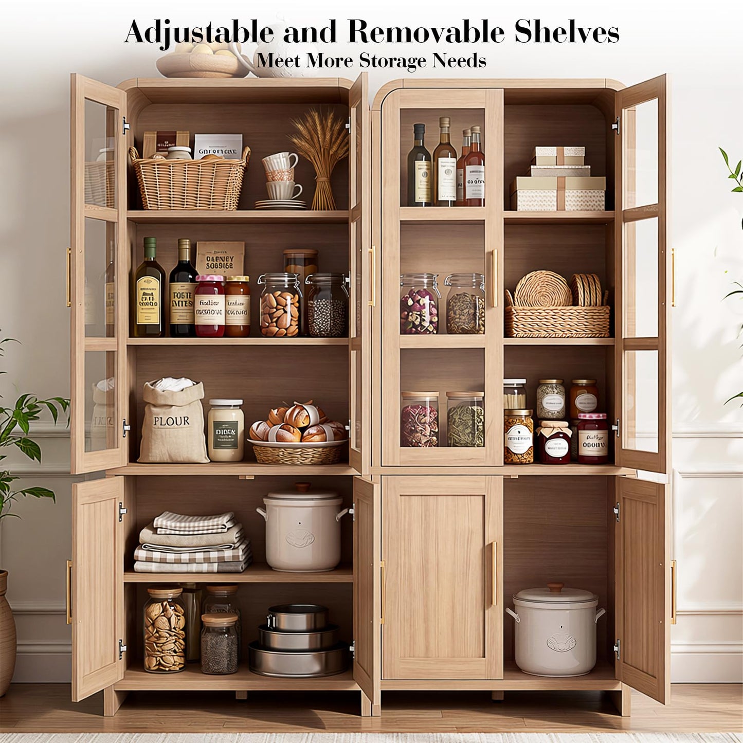 EliteSet 77" Tall Kitchen Pantry Cabinets, Wooden Curved Storage Cabinets with Adjustable Shelf, 1.18'' Panel Freestanding Cupboard for Dining Room, Living Room, Bathroom, Oak, 1Pcs