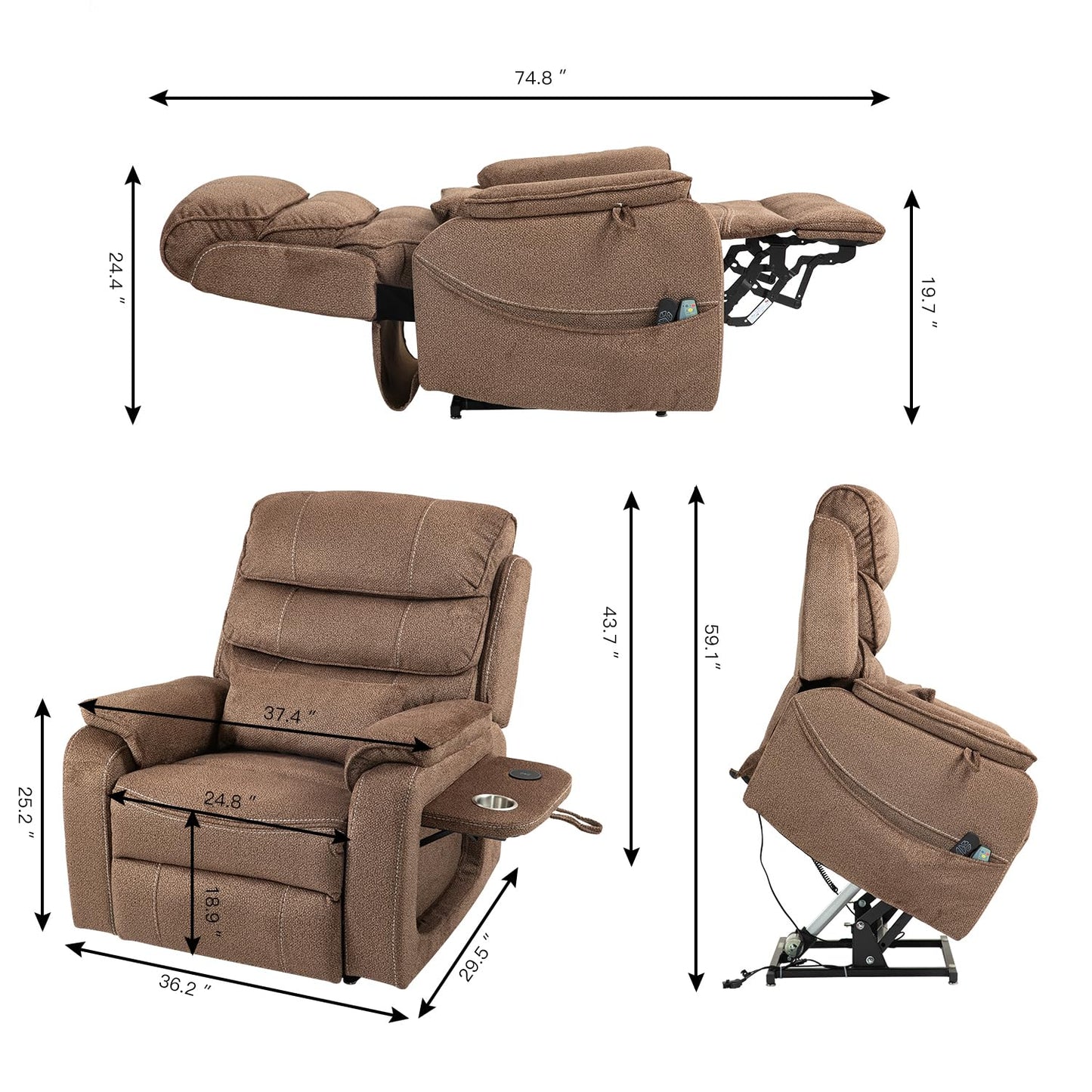 Ball & Cast Lift Recliner Chair with Sides Pockets,Lounge Relax Single Sofa W/Maximum Adjustable Tilt 180 Degrees and Multi-Function Massage & Heat,Armrests W/Cup Holder,for Living Room,Brown