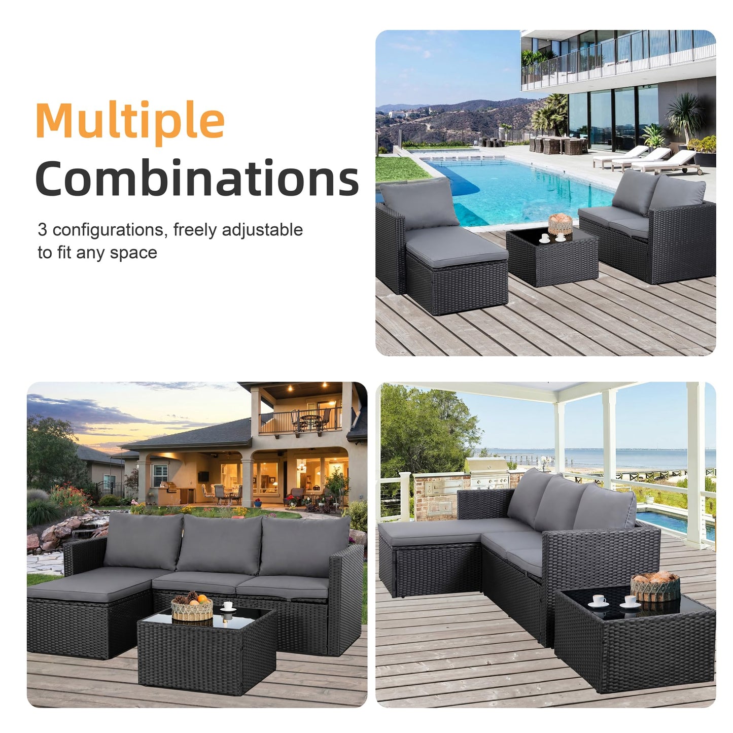 Shintenchi 4 Pieces Patio Furniture Set, Outddor Sectional Sofa & Chaise Lounge, All-Weather Wicker Rattan Sofa Couch with Cushions & Coffee Table for Yard, Garden, Porch, Poolside (Gray)