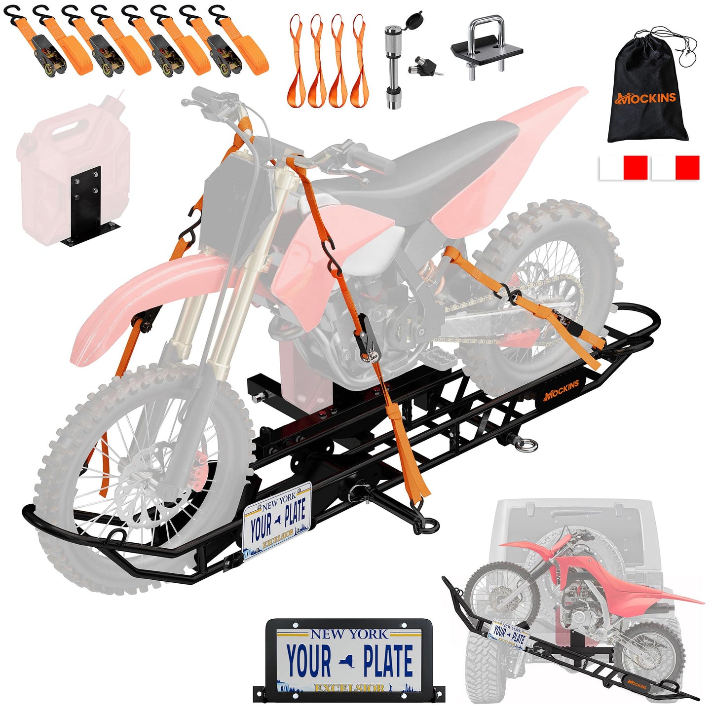 Mockins 83" Tilting Dirt Bike Carrier Hitch Mount Rack | 500 Lbs. Capacity eBike Rack with Ramp for Up to 5.5"W Tires | Small Motorcycle Hitch Carrier Set w/ License Plate Holder, Stabilizer, & Straps