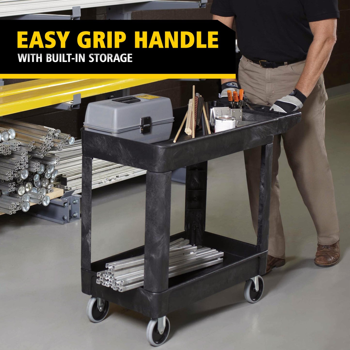 Rubbermaid Commercial Products 2-Shelf Utility/Service Cart, Small, Lipped Shelves, Storage Handle, 500 lbs. Capacity, for Warehouse/Garage/Cleaning/Manufacturing