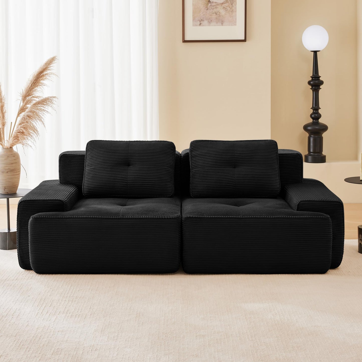 KEIKI 80" Oversized Corduroy Modular Sectional Loveseat Sofa with High-Density Foam Cushion & 2 Pillow, Upholstered Anti-slip Design 2-Seater Tufted Couch, No Assembly Required, for Living Room, Black
