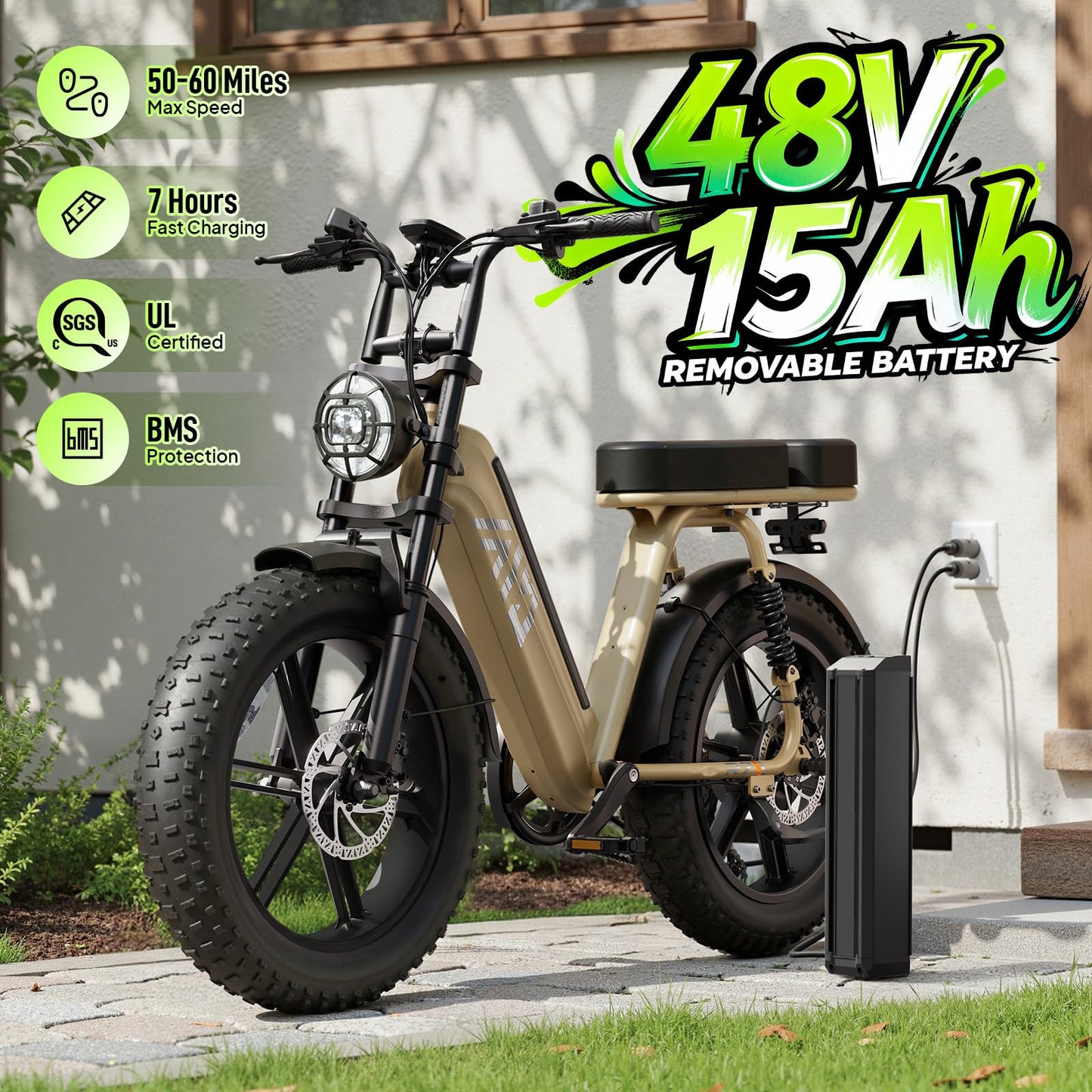 TST Electric Bike for Adults, 1500W Peak Motor Ebike with 48V 15Ah Battery, 60 Miles Range Electric Bike, 20" Fat Tire E Bike with Rear Seat, 7 Speeds（Yellow