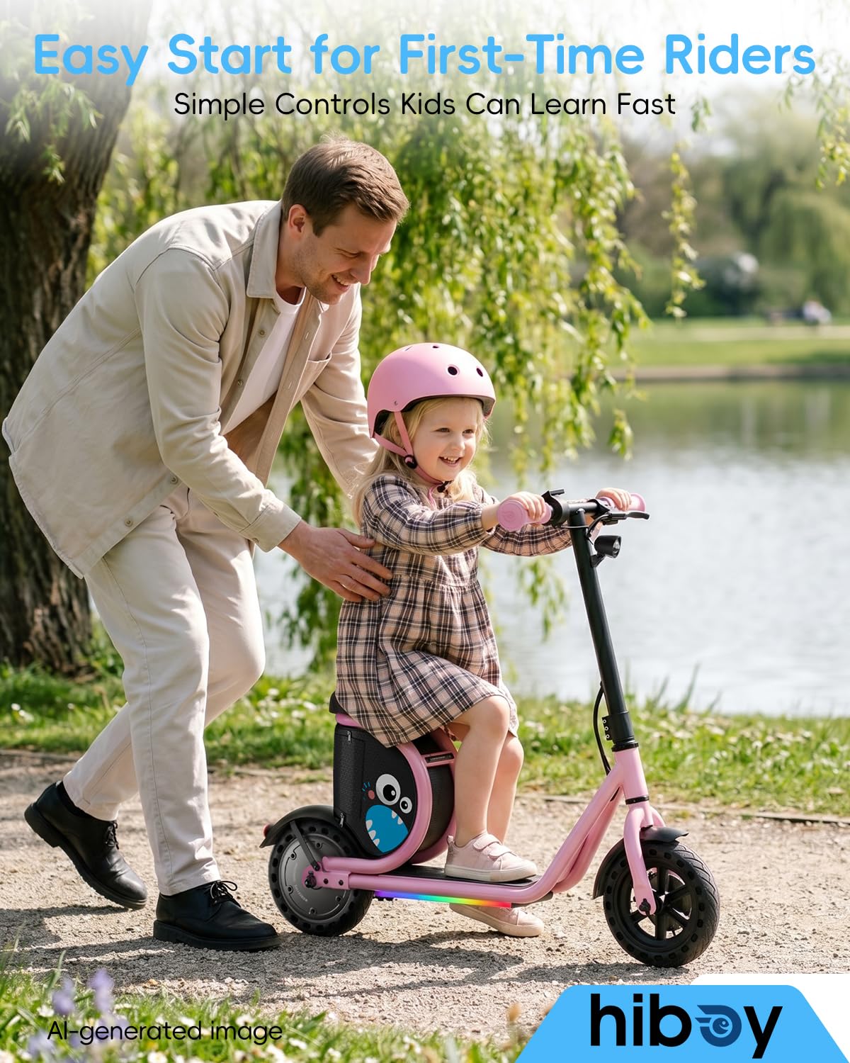 Hiboy JoyHaul Electric Scooter for Kids, Ages 4-10 – LED Neon Lights, 100W Brushless Motor, 56.16Wh Battery, Under-Seat Storage & Safety Brake, Pink