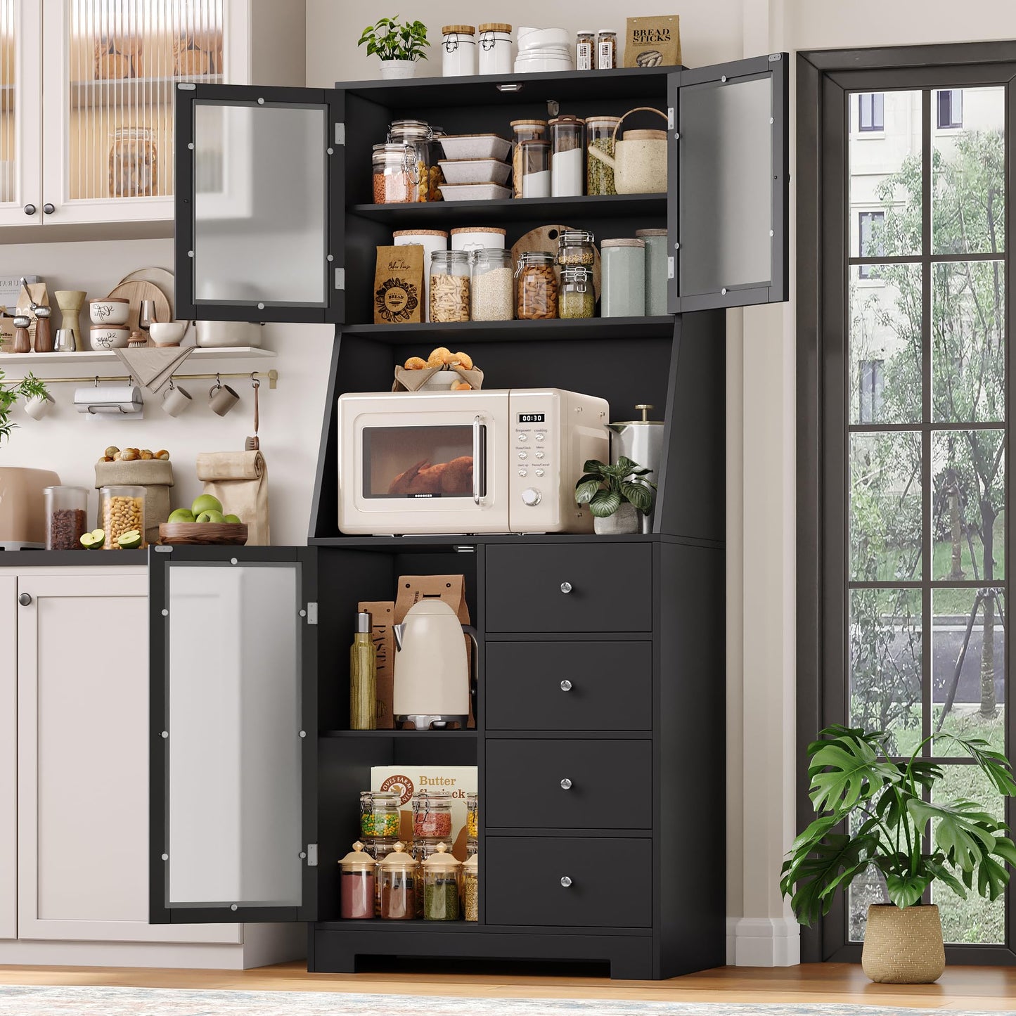 BOTLOG 64'' Kitchen Pantry Storage Cabinet, Tall Kitchen Storage Cabinet with Microwave Stand, Hutch Cabinet with Adjustable Shelves, for Dining Room, Black