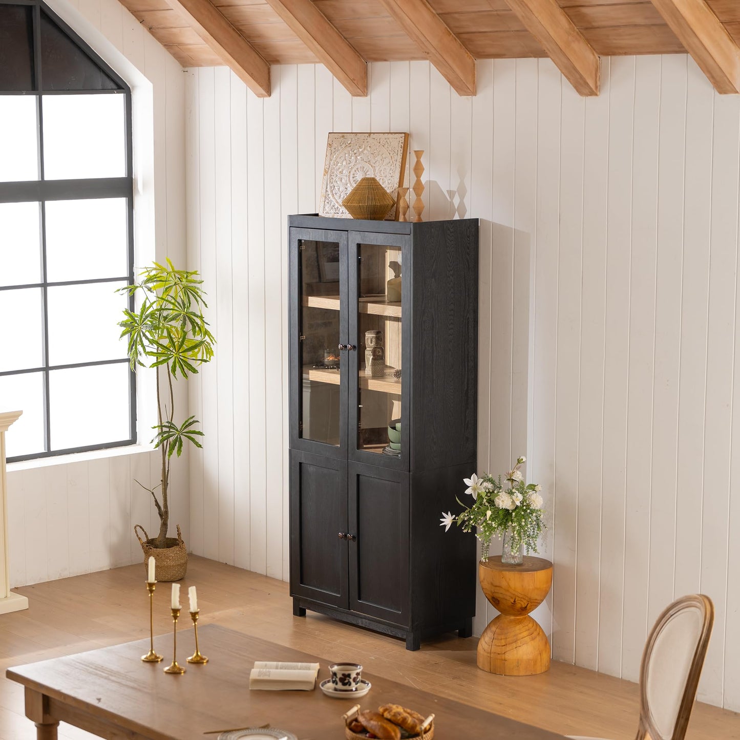 Merax 74.5''H Ash Wood Grain Display Cabinet Bookcase with Storage,Pantry with Glass Doors & Adjustable Shelves,Bookshelf Curio Cabinet for Hallways,Livingroom Kitchen & Office,Black