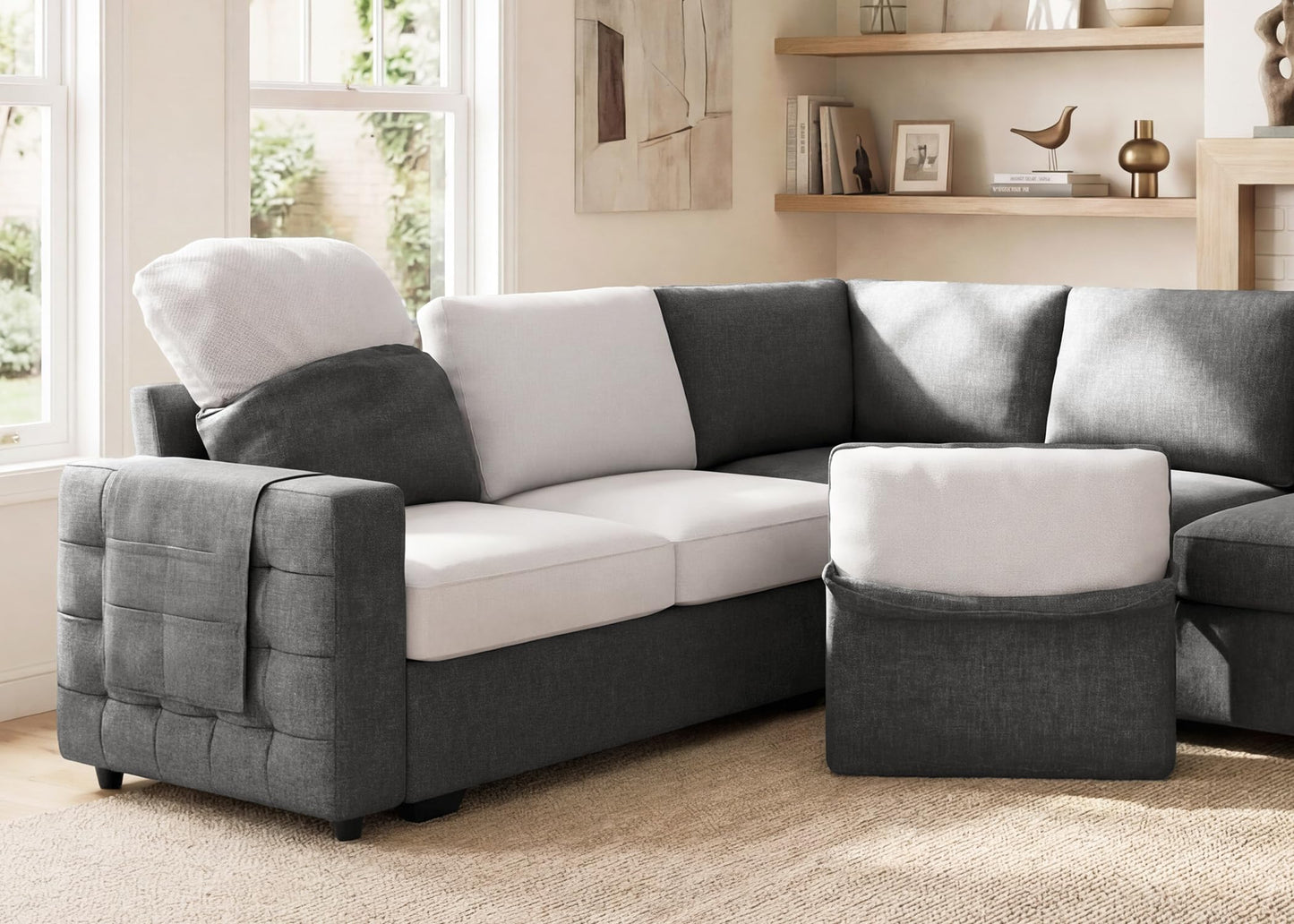 HONBAY Sectional Sleeper Sofa with Pull-Out Bed Storage Chaise, 6 Seaters Couch for Living Room, Light Grey