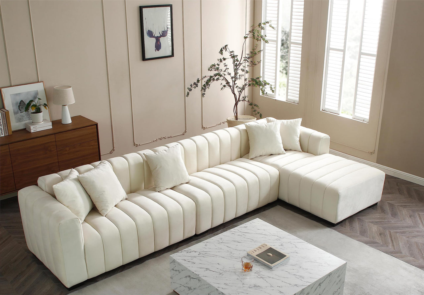 KEIKI 139" L-Shape Velvet Modular Sectional Sofa with Right Chaise Lounge, Modern Style Upholstered Oversized Reversible 3-Seater Channel Tufted Couch, Easy Assembly, for Apartment, Living Room, Beige